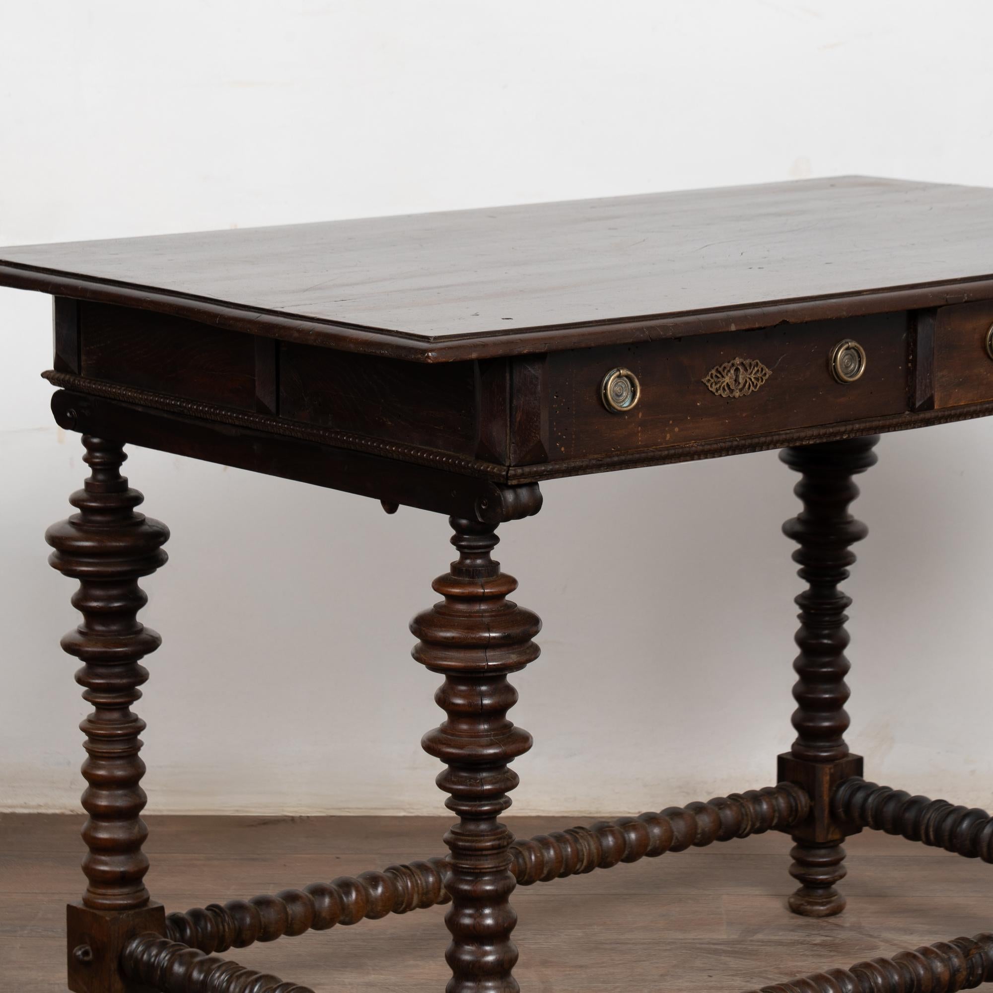 Hand-Crafted 18th Century Dark Oak Side Table with Two Drawers For Sale