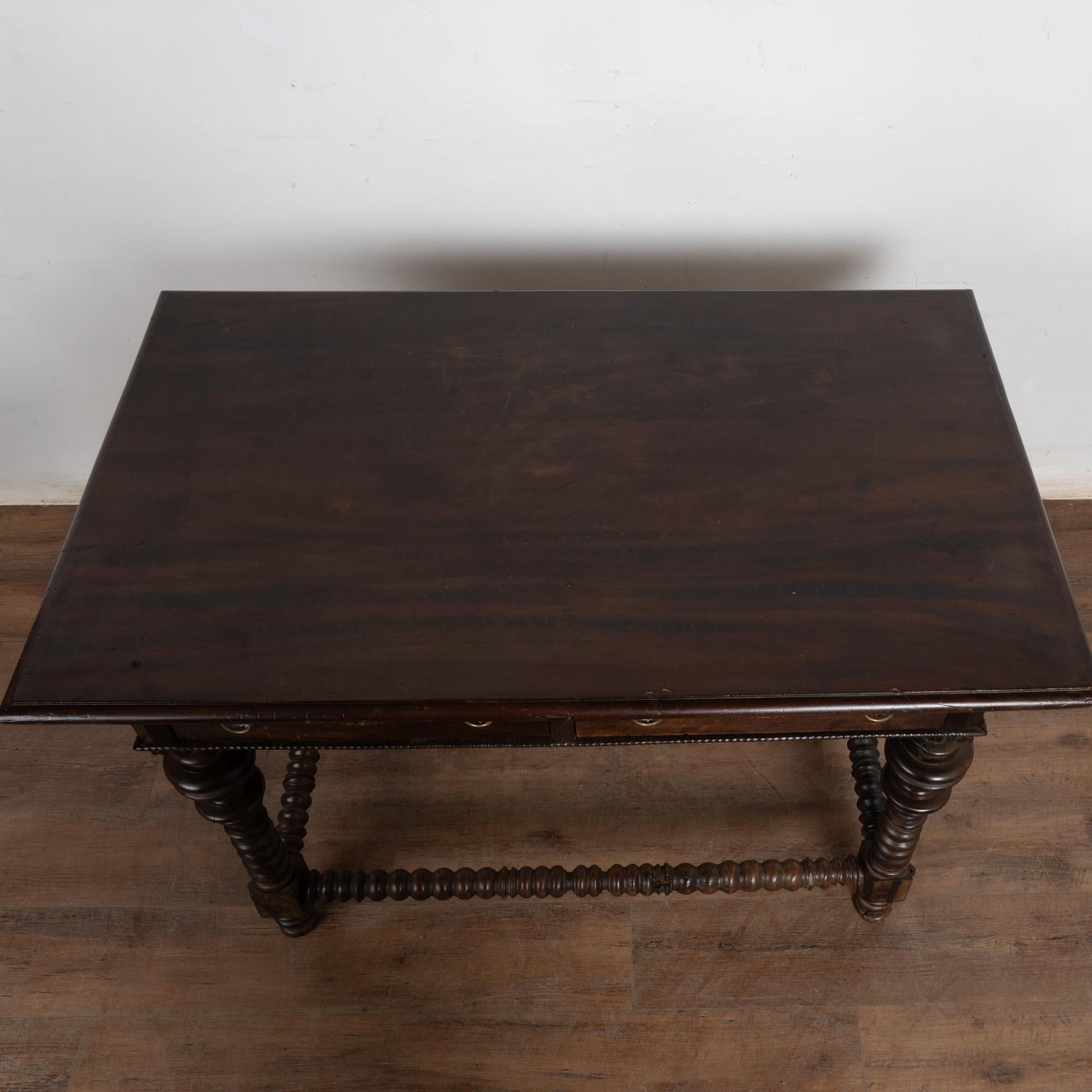 18th Century Dark Oak Side Table with Two Drawers In Distressed Condition For Sale In Round Top, TX