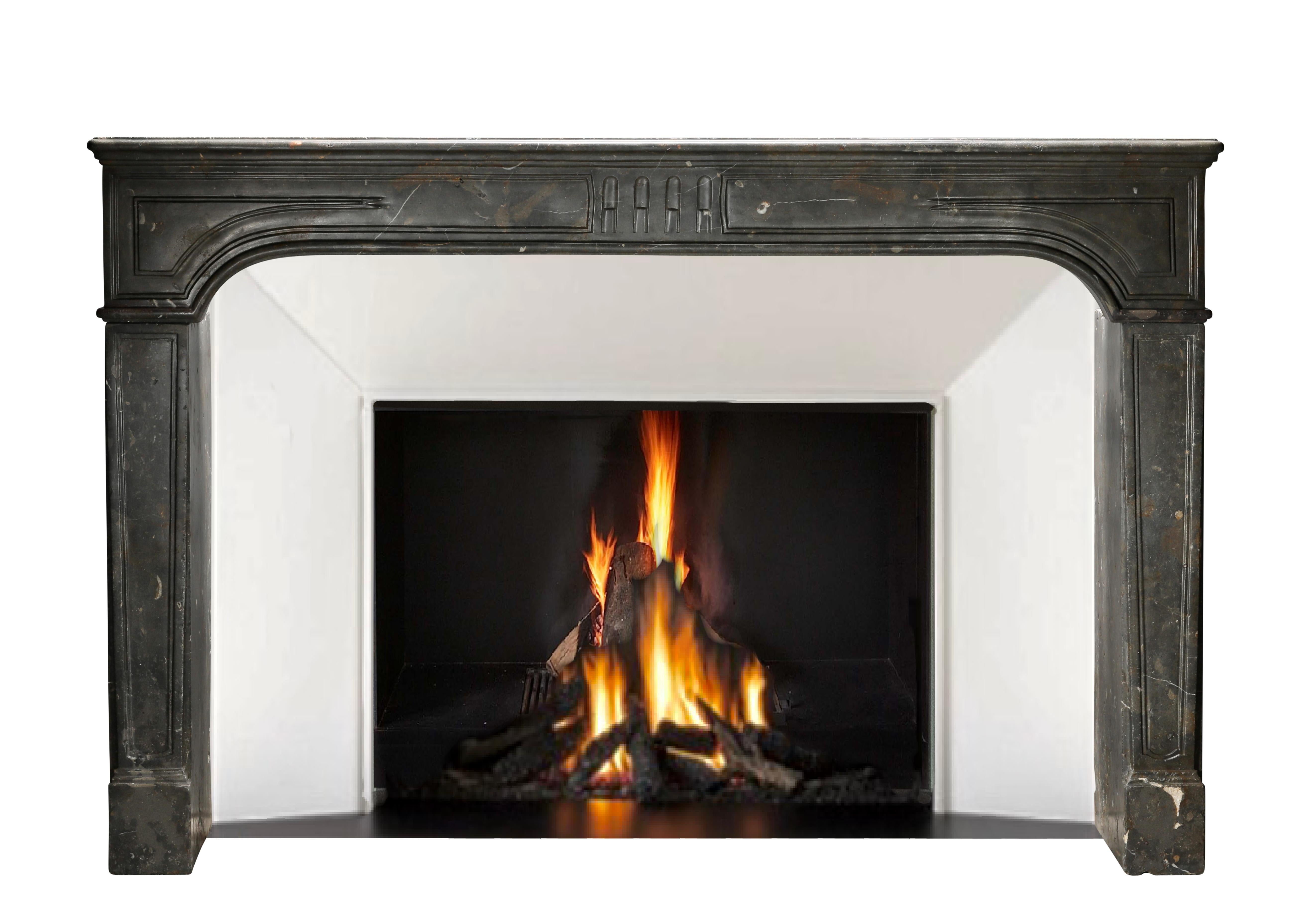 Hand-Carved 18th Century Dark Stone Fireplace Surround From French Chateau For Sale