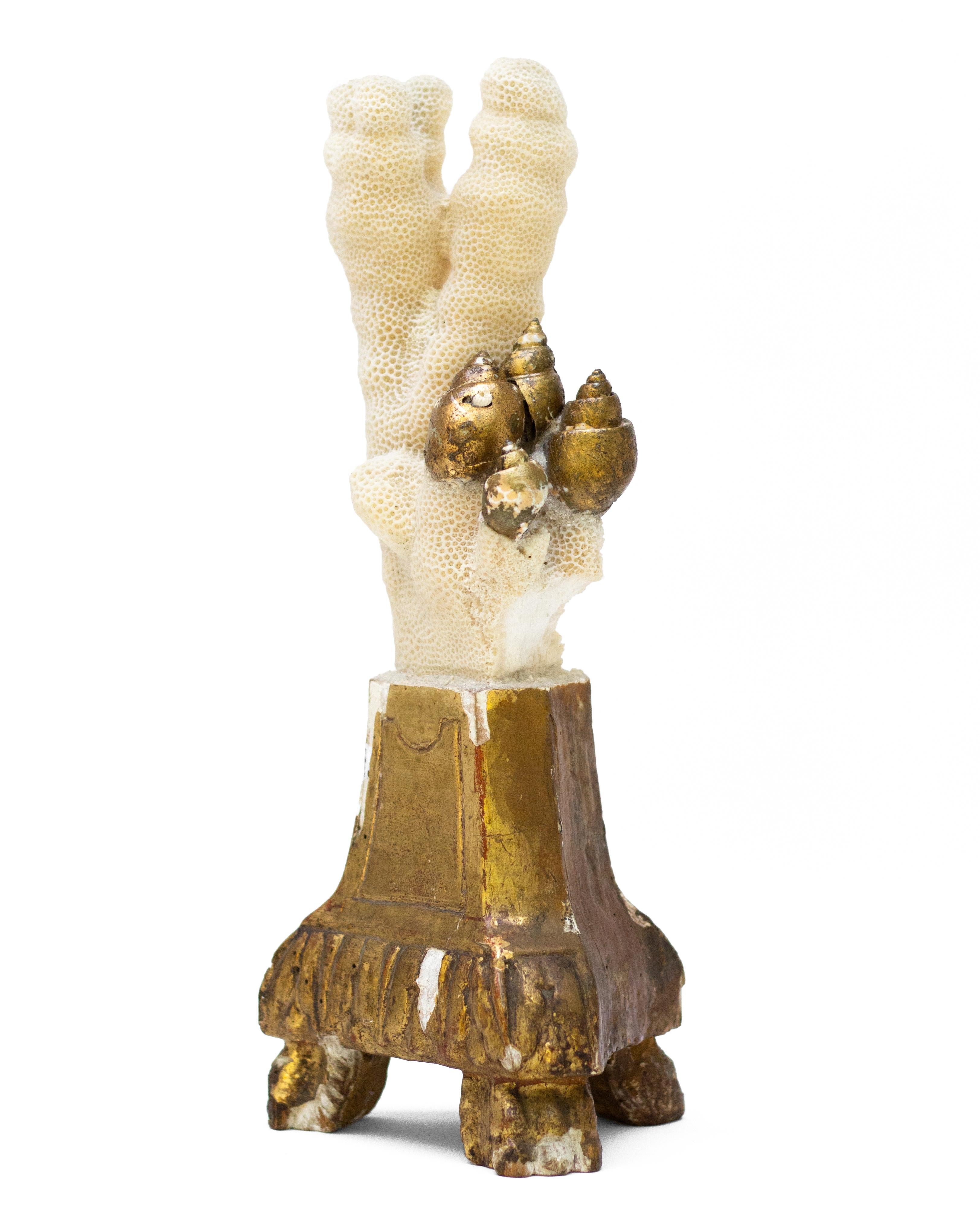 18th century Italian candlestick base decorated with fossil coral and coordinating gold leaf shells.