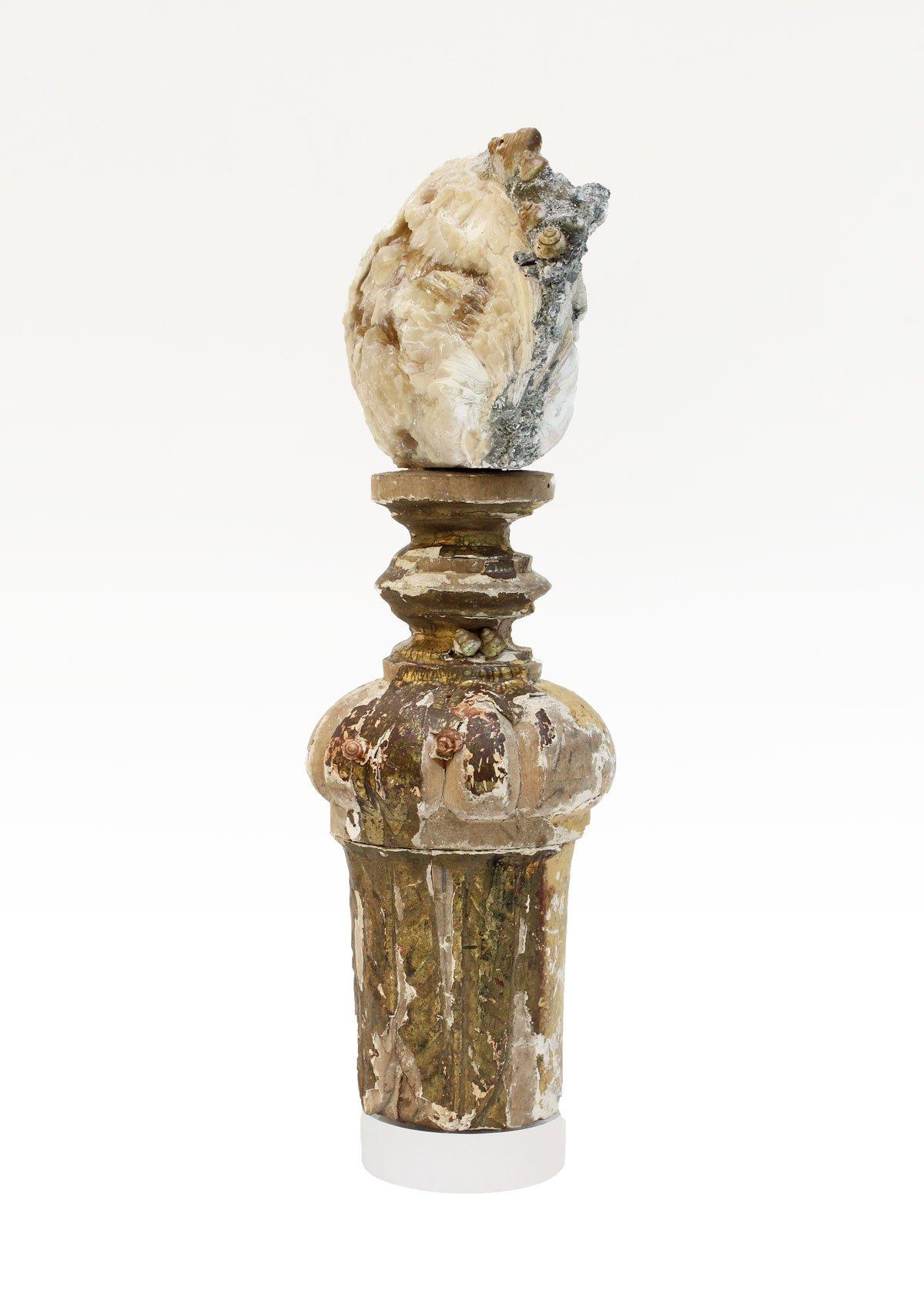 18th Century Decorated Italian Candlestick Artifact with a Fossil Clam Shell In Distressed Condition In Dublin, Dalkey