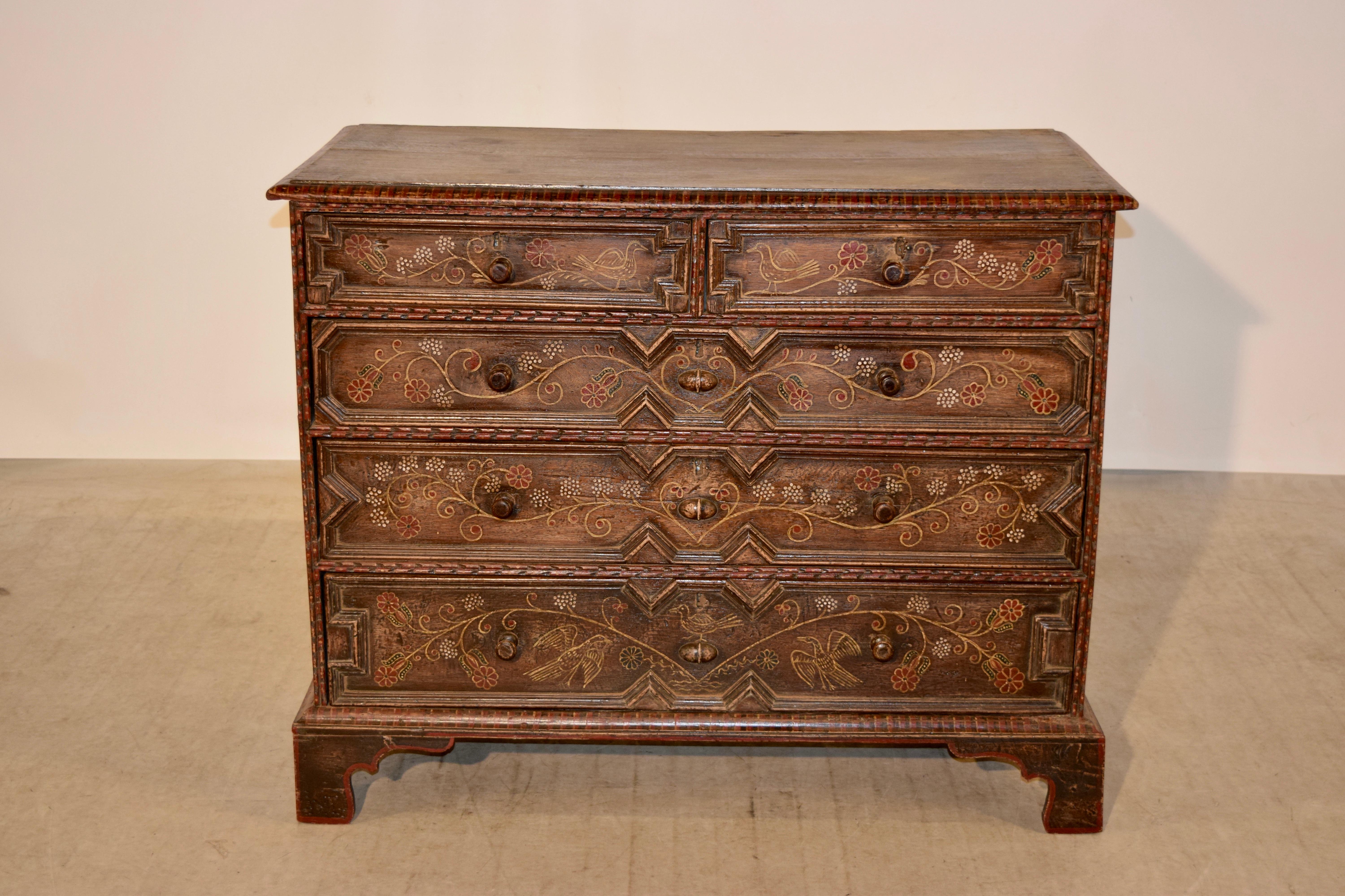 English 18th Century Decorated Oak Chest of Drawers