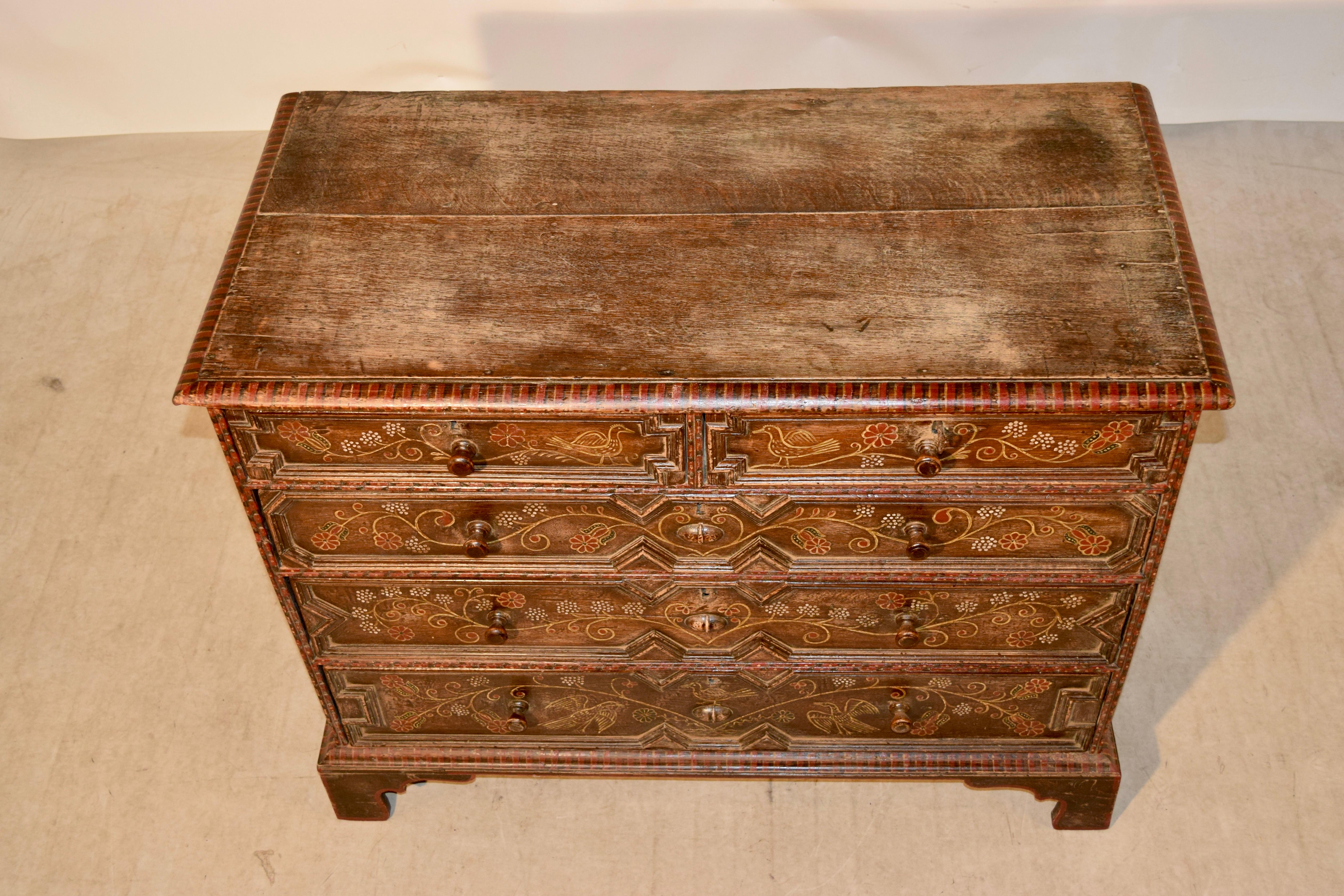 Hand-Painted 18th Century Decorated Oak Chest of Drawers
