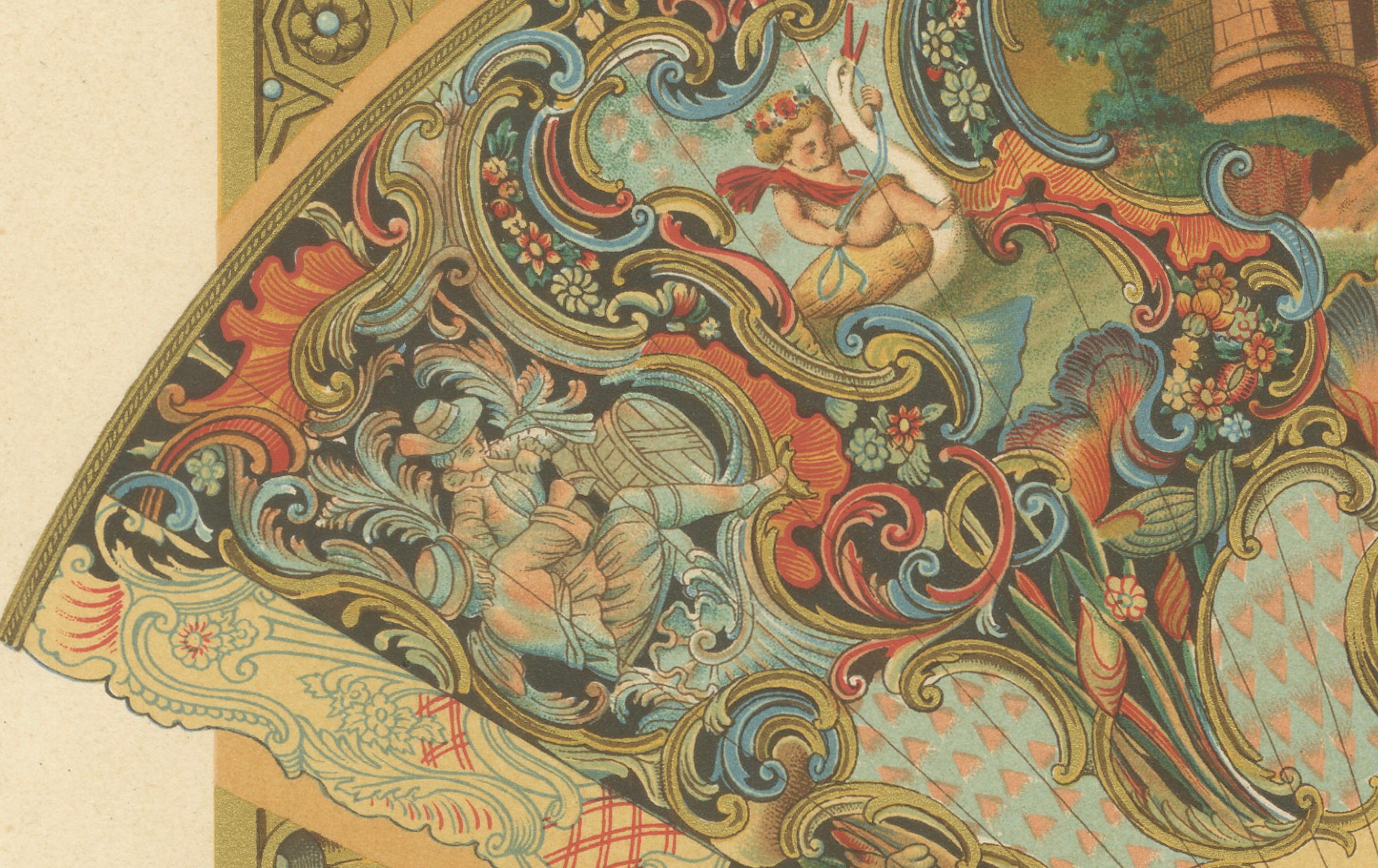 Éventails et ornements décoratifs du XVIIIe siècle - Détails rococo français, planche XCVI

Cette chromolithographie très détaillée, la planche XCVI de *L'Ornement Polychrome*, présente une collection exquise d'arts décoratifs français du XVIIIe