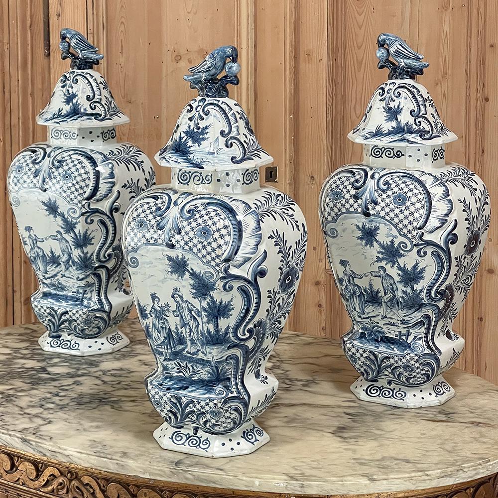 18th Century Delft 3Piece Garniture Lidded Vase Set For Sale at