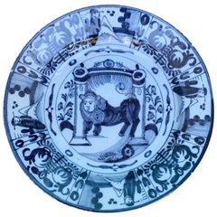 18th Century Delft Blue and White Porcelain Lion Charger