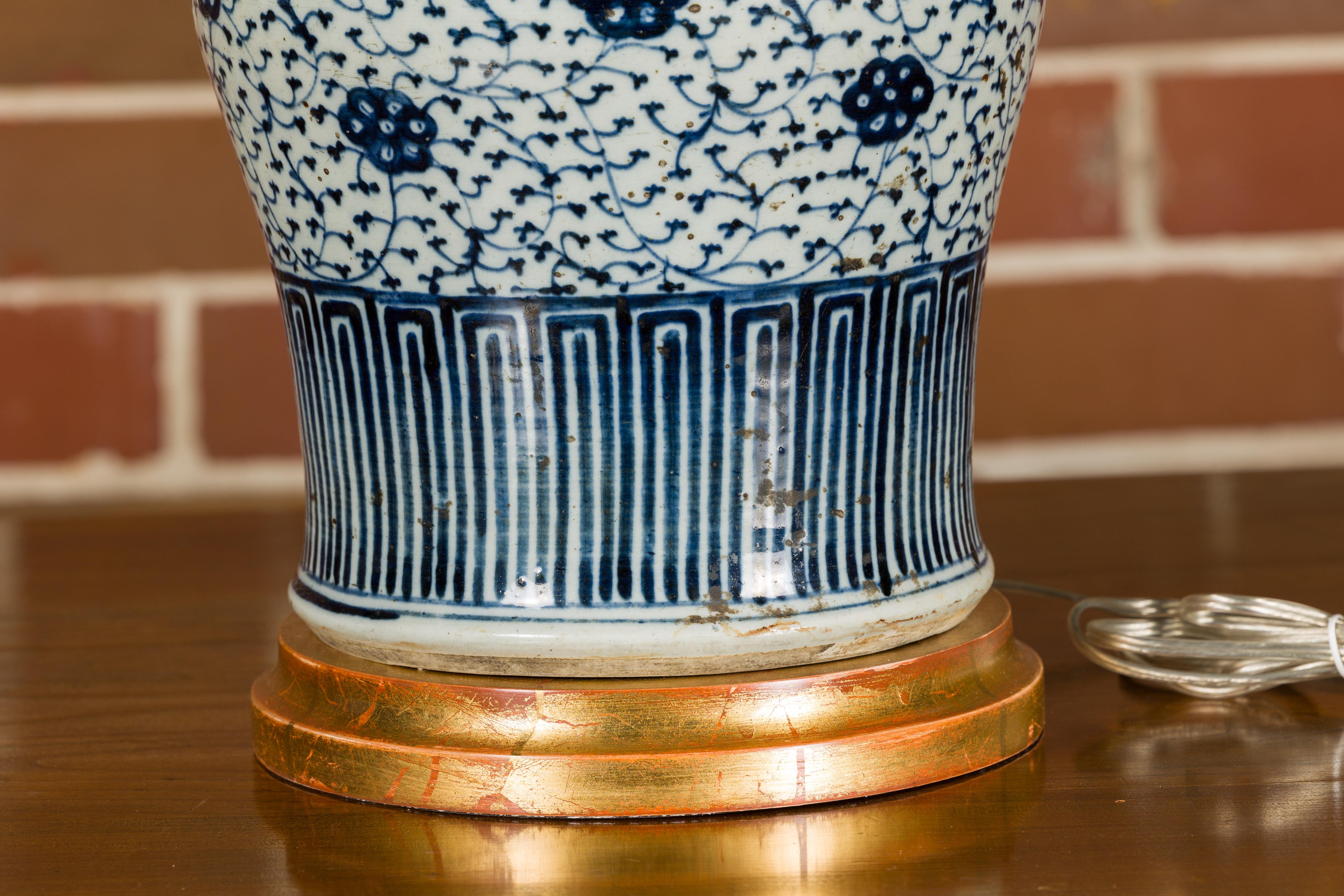 Giltwood 18th Century Delft Blue and White Porcelain Vase Made into US Wired Table Lamp