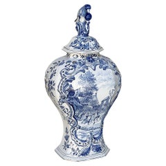 Antique 18th Century Delft Blue & White Lidded Urn