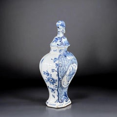 18th Century, Delft Blue & White Lidded Vase with Bird Finial, 14.6in