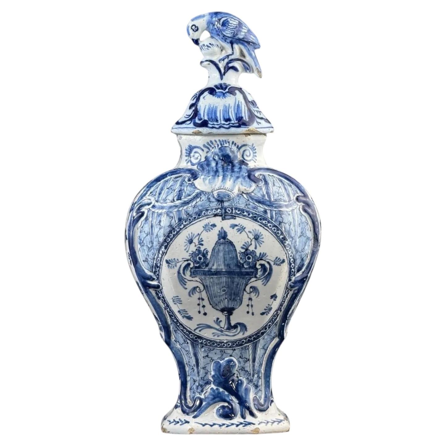 18th Century, Delft Blue & White Lidded Vase with Bird Finial, 14.6in For Sale