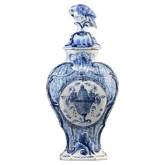 18th Century, Delft Blue & White Lidded Vase with Bird Finial, 14.6in