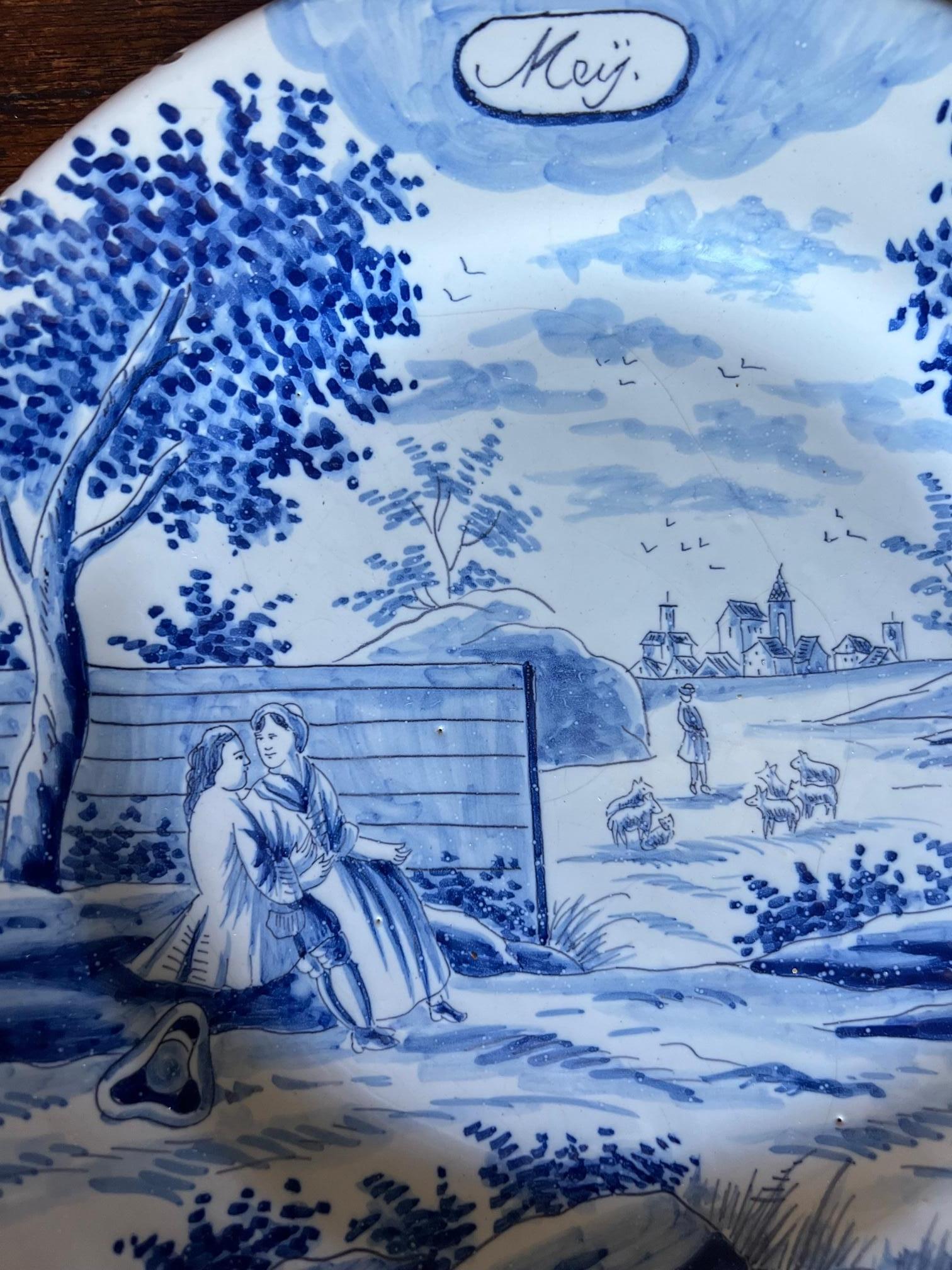 18th Century Delft Blue & White Month Plates, Complete Set of 12 2