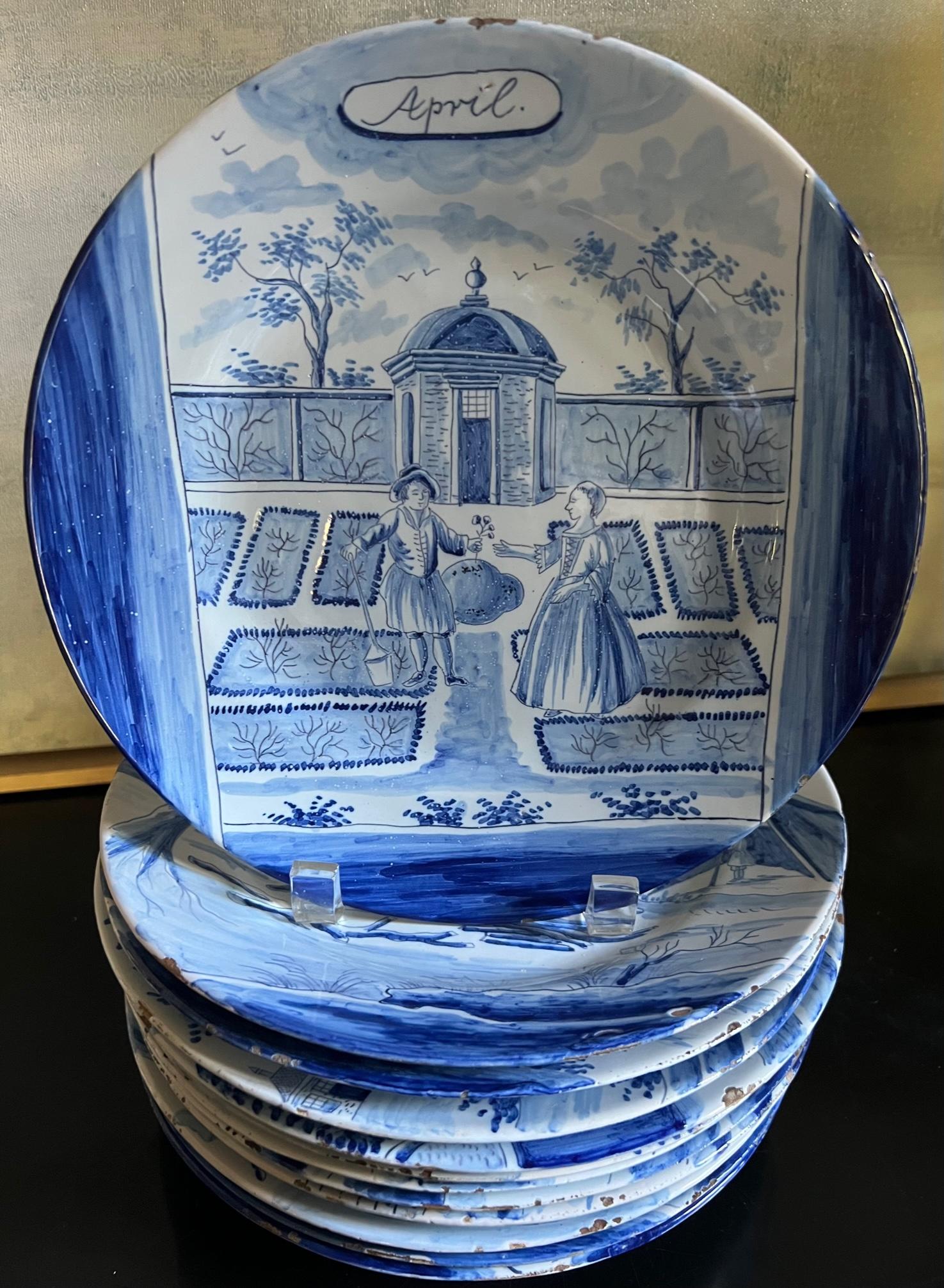 18th Century Delft Blue & White Month Plates, Complete Set of 12 6