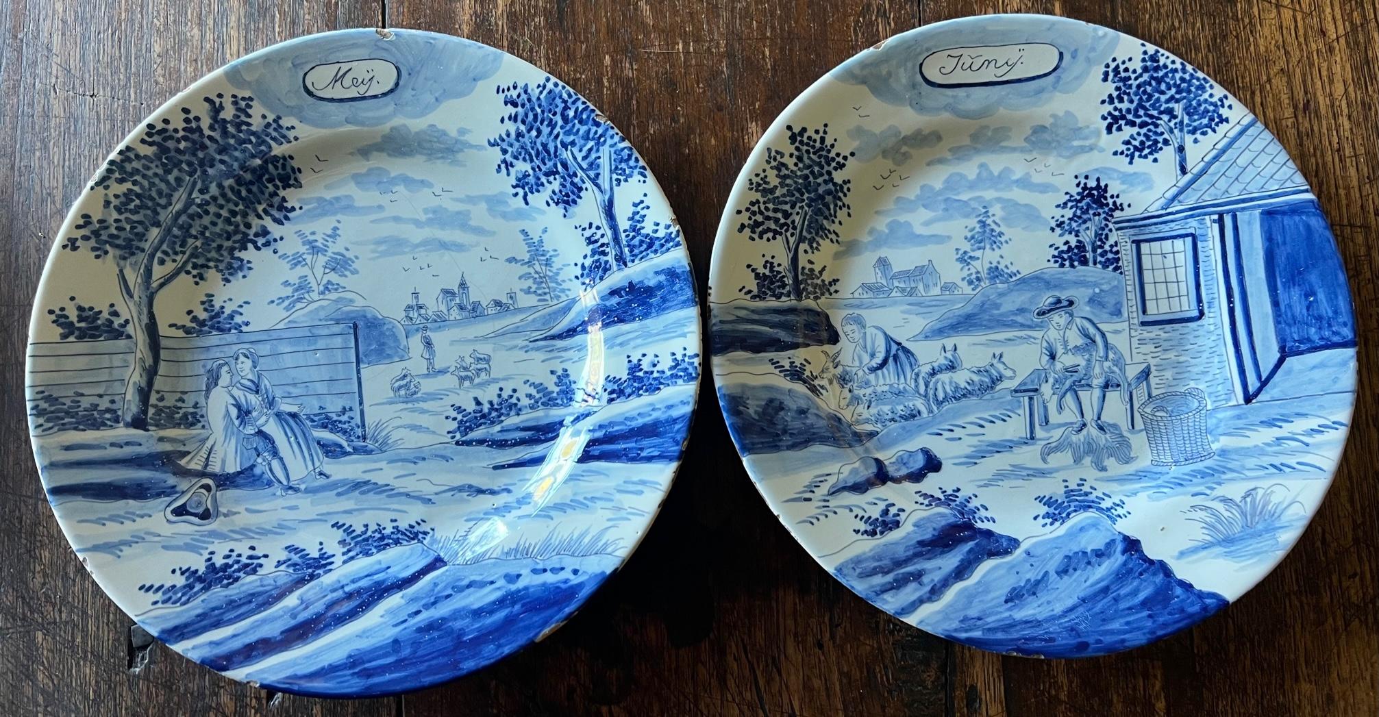 Dutch 18th Century Delft Blue & White Month Plates, Complete Set of 12