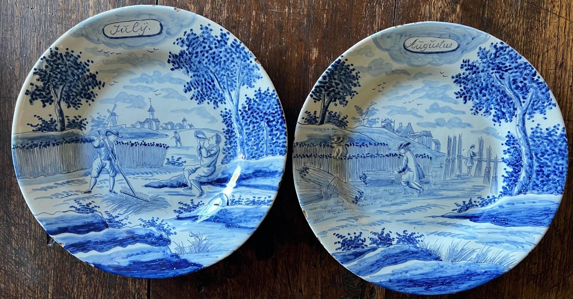 Hand-Painted 18th Century Delft Blue & White Month Plates, Complete Set of 12