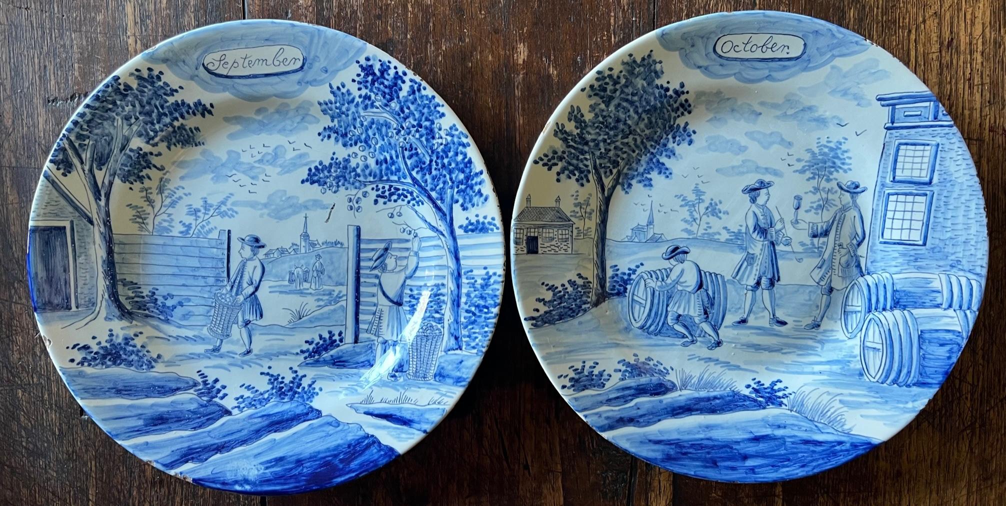 18th Century Delft Blue & White Month Plates, Complete Set of 12 In Good Condition In Ross, CA