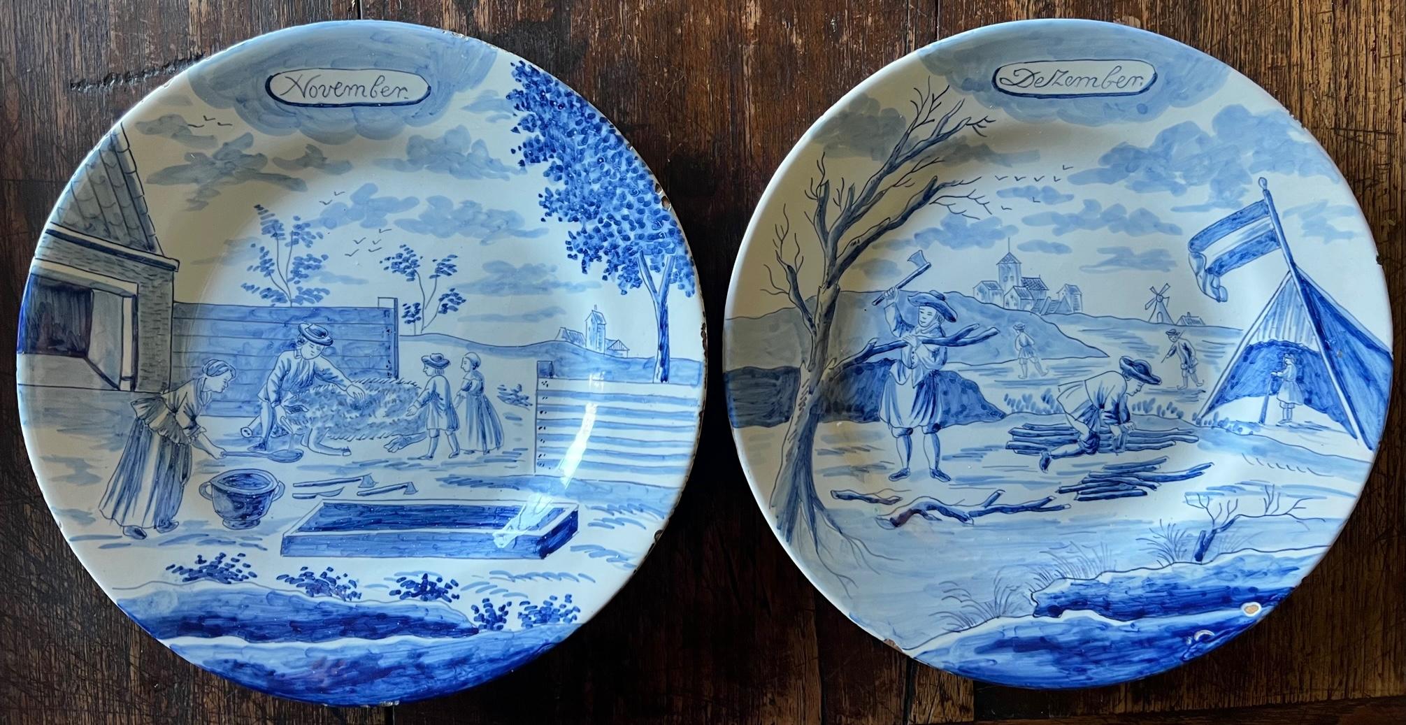 18th Century and Earlier 18th Century Delft Blue & White Month Plates, Complete Set of 12