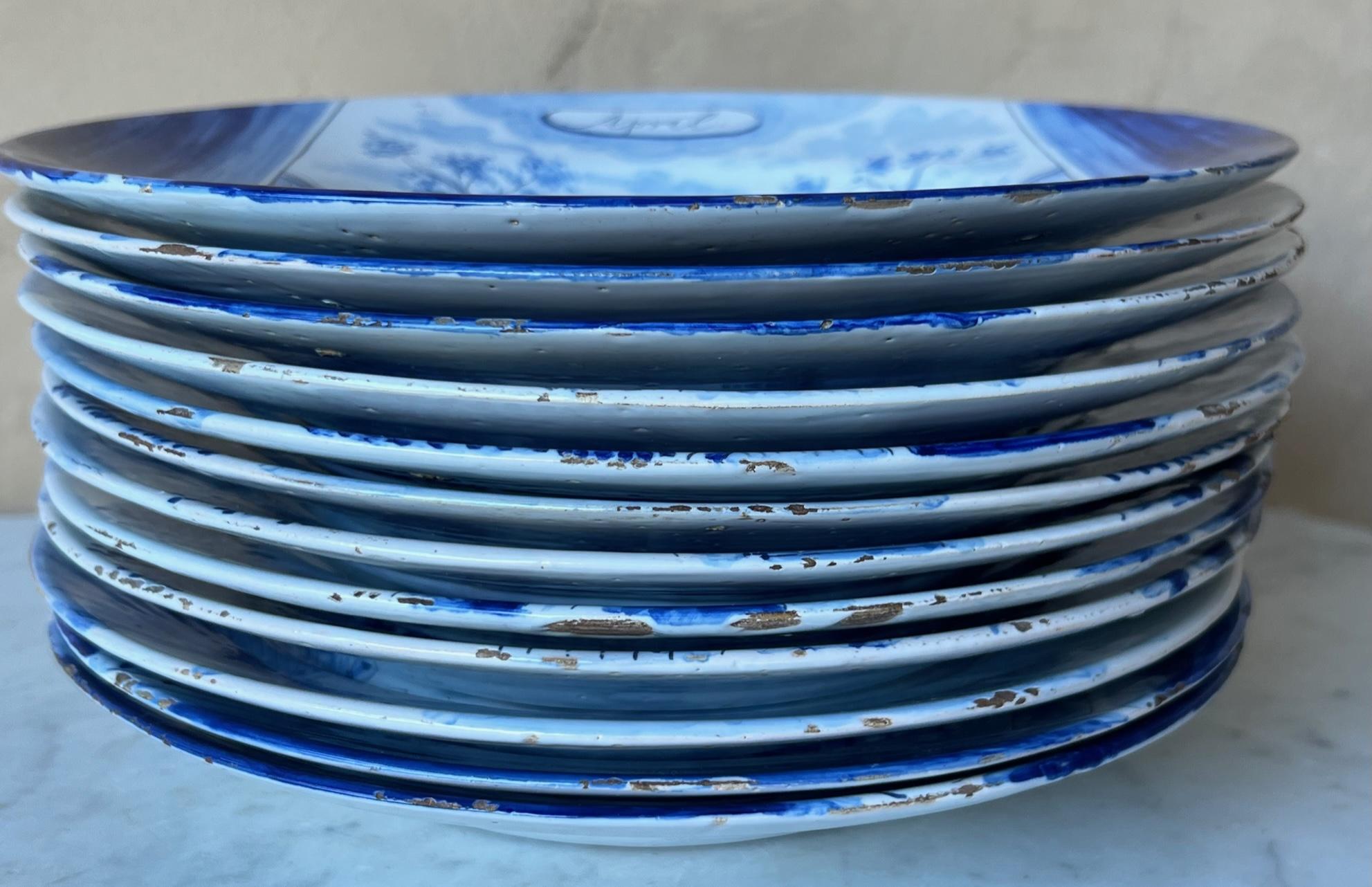 Ceramic 18th Century Delft Blue & White Month Plates, Complete Set of 12
