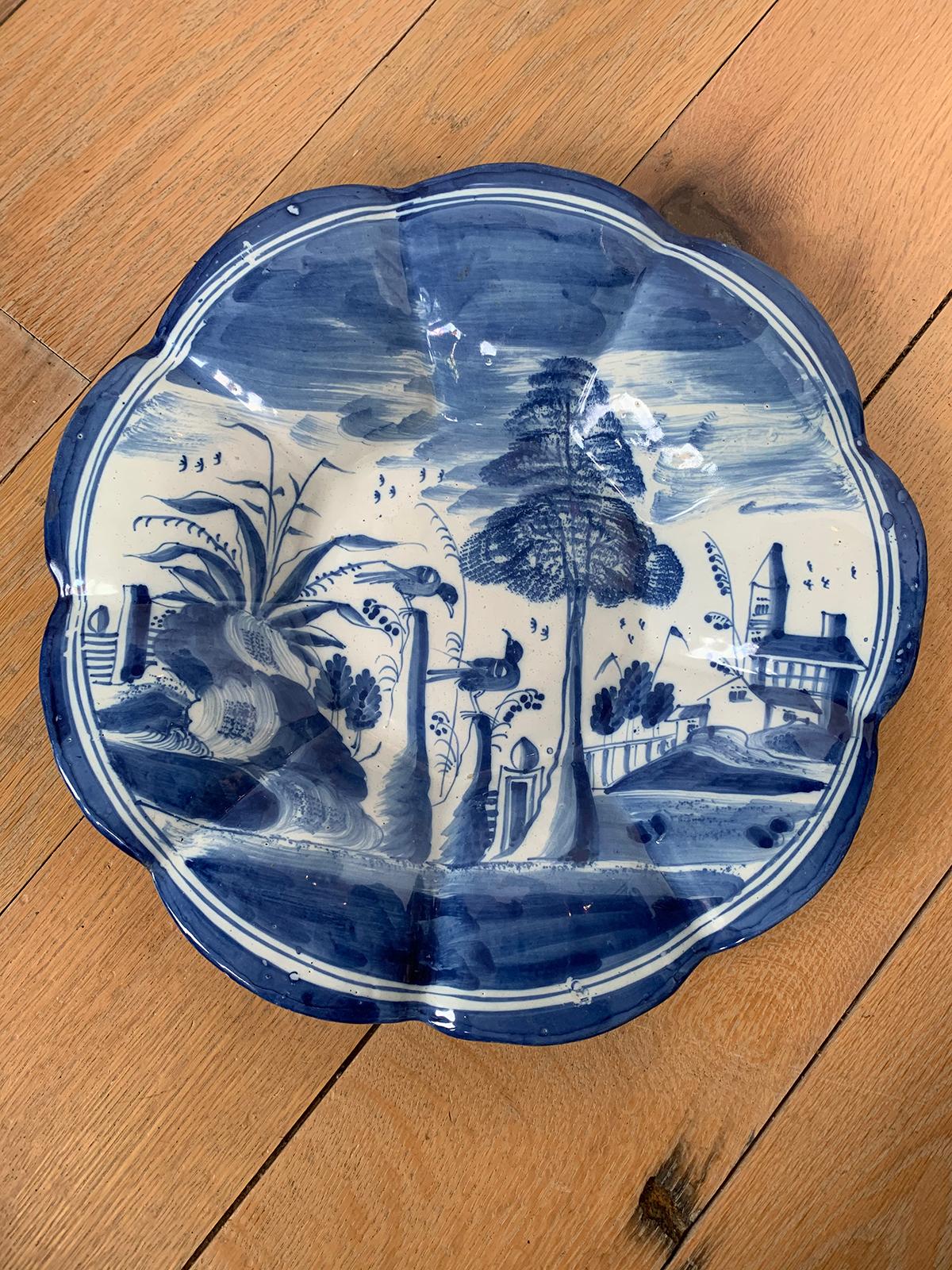 18th century delft blue and white porcelain round scalloped charger, unmarked.