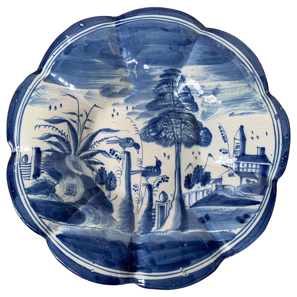 18th Century Delft Blue and White Porcelain Round Scalloped Charger, Unmarked