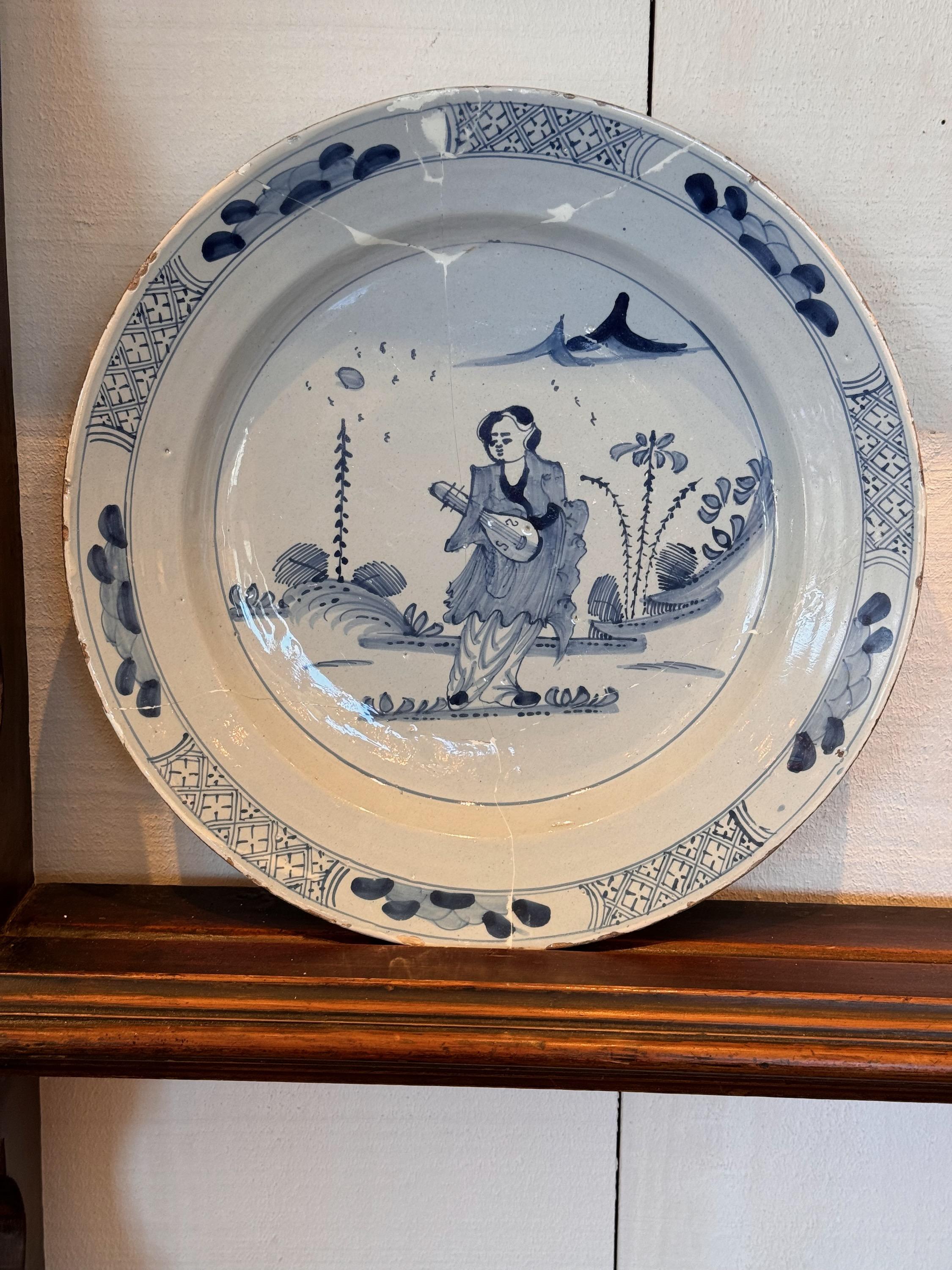 18th Century Delft Charger In Fair Condition For Sale In Charlottesville, VA