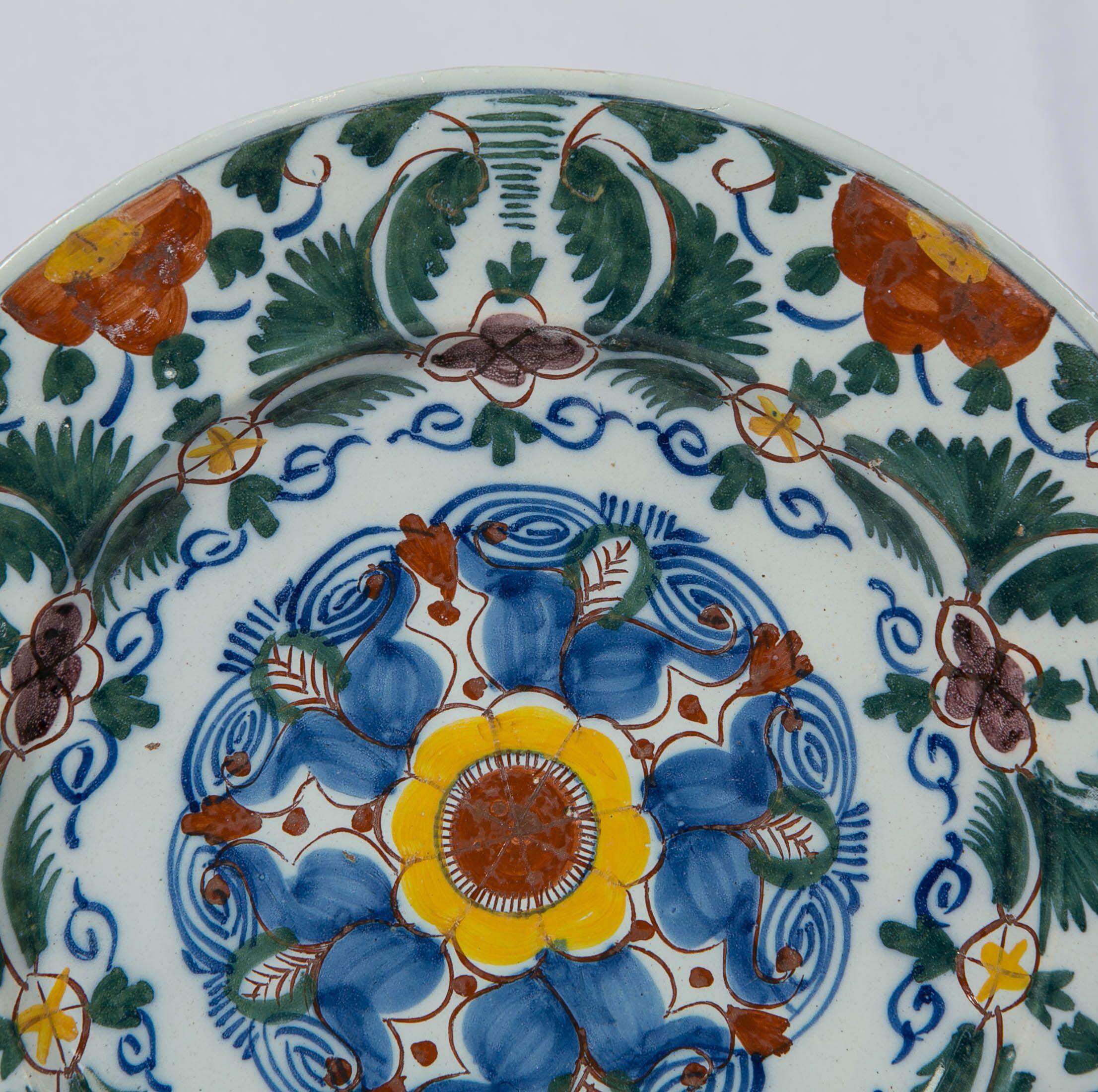 Rococo 18th Century Delft Charger Hand-Painted in Polychrome Colors Made circa 1780