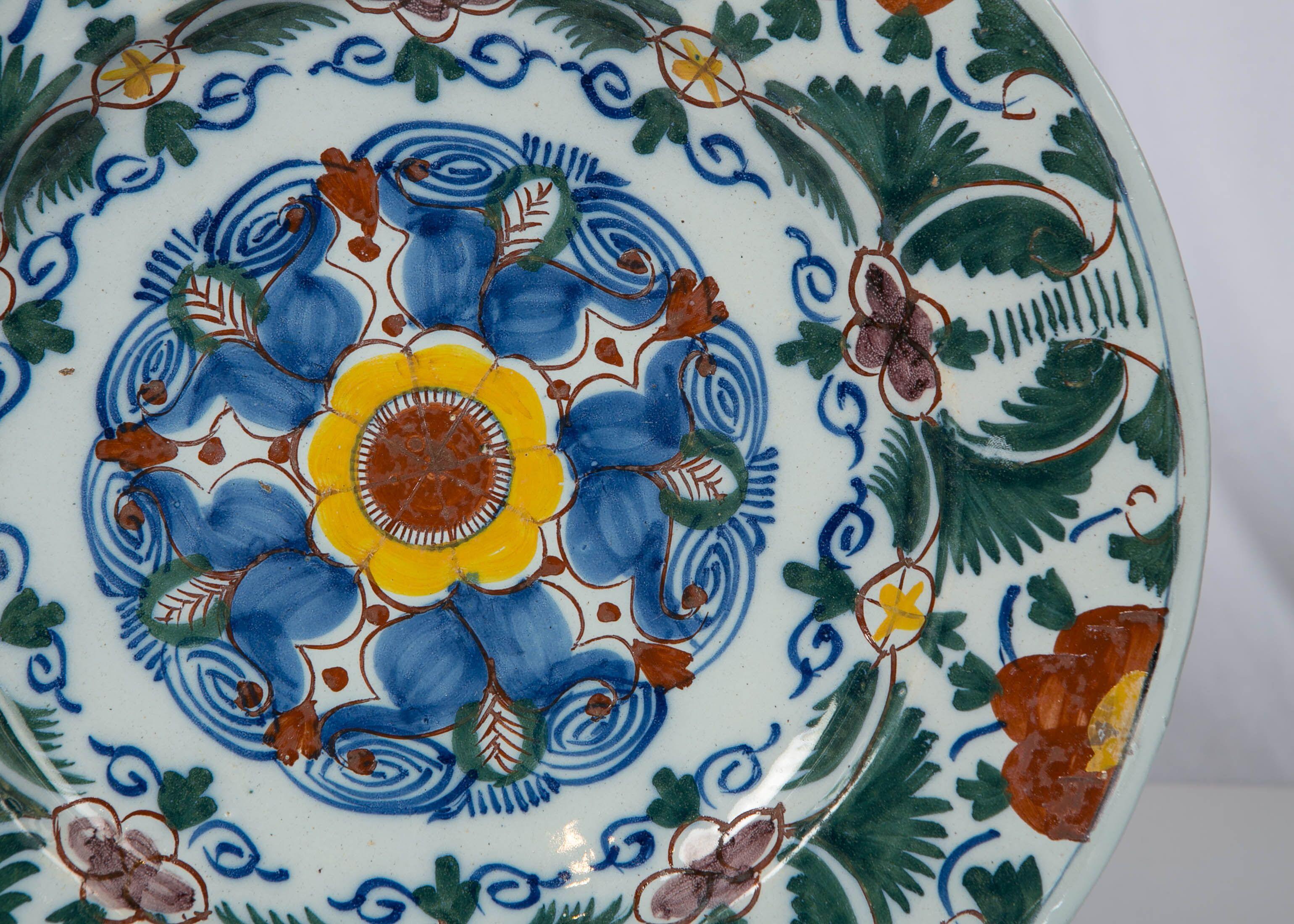 Dutch 18th Century Delft Charger Hand-Painted in Polychrome Colors Made circa 1780