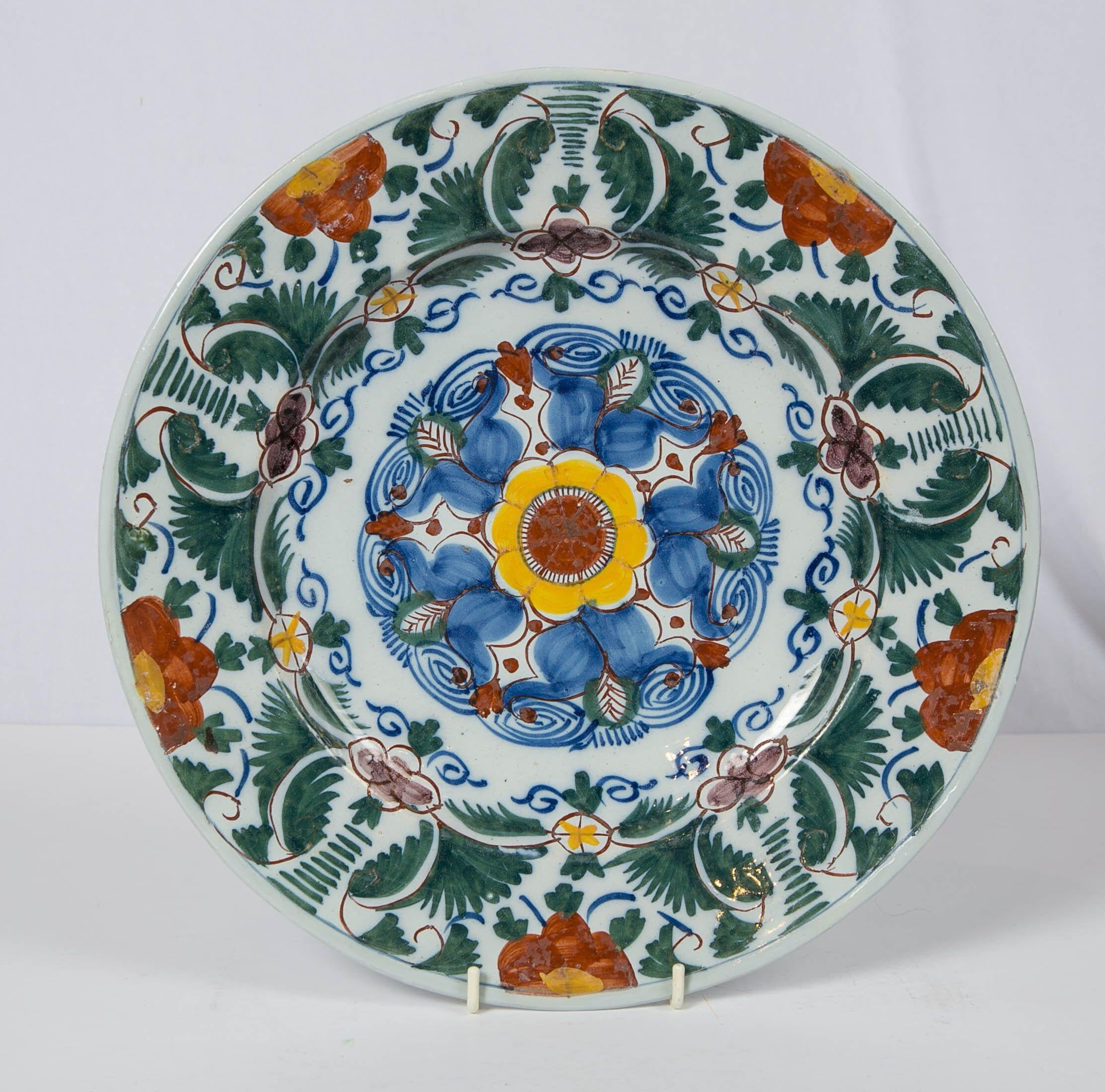 18th Century Delft Charger Hand-Painted in Polychrome Colors Made circa 1780 2