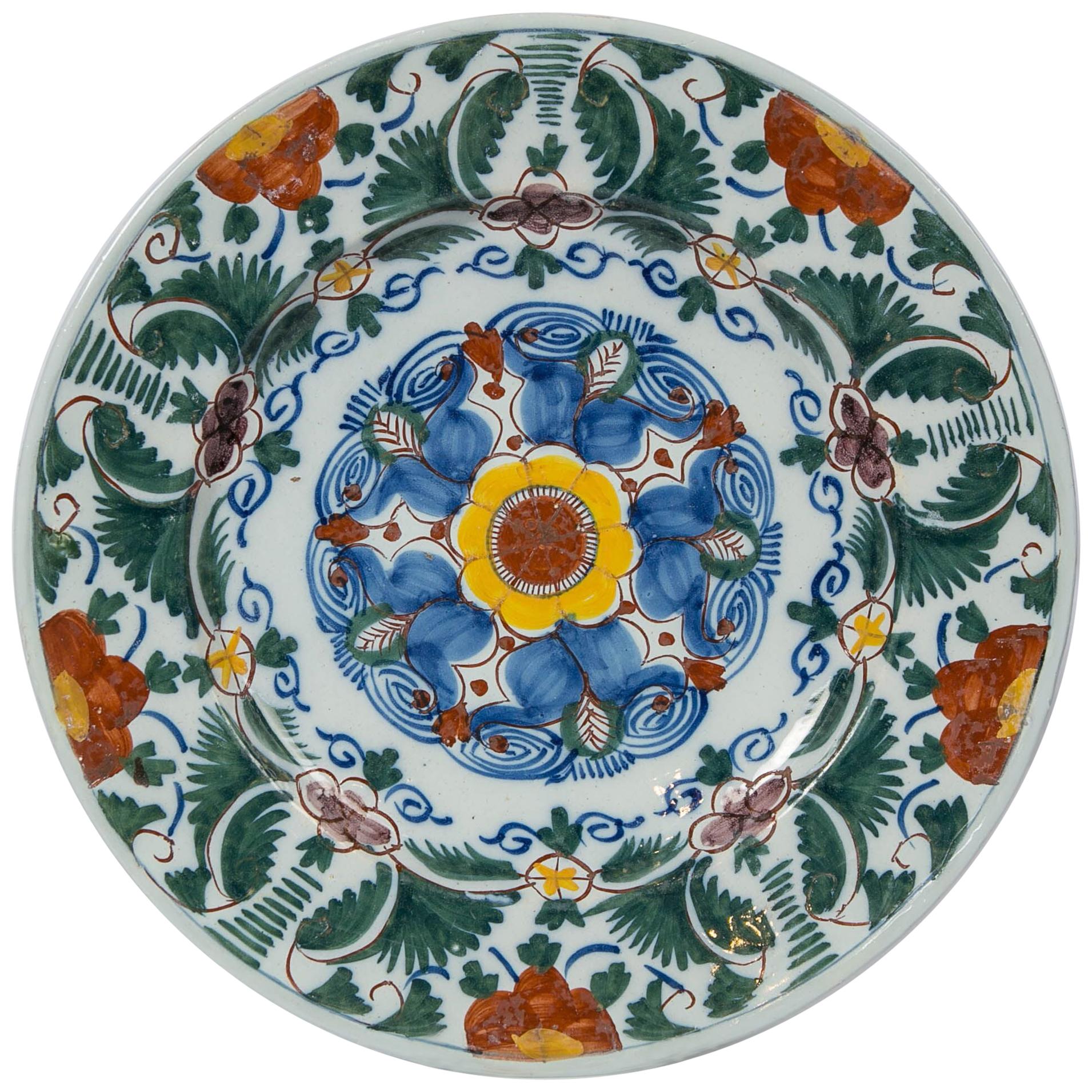 18th Century Delft Charger Hand-Painted in Polychrome Colors Made circa 1780