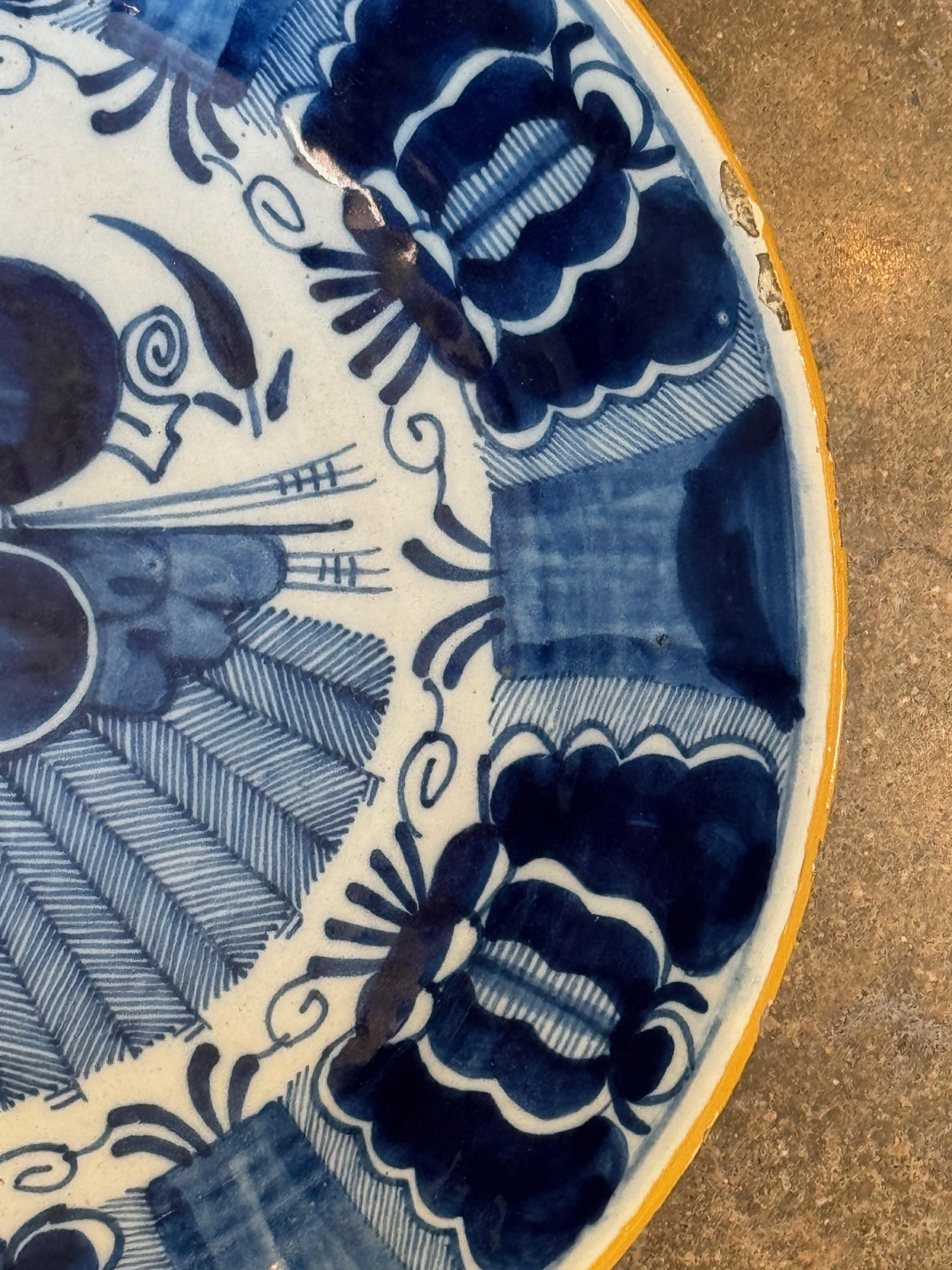 18th Century and Earlier 18th Century Delft Charger With Deep Peacock Pattern For Sale