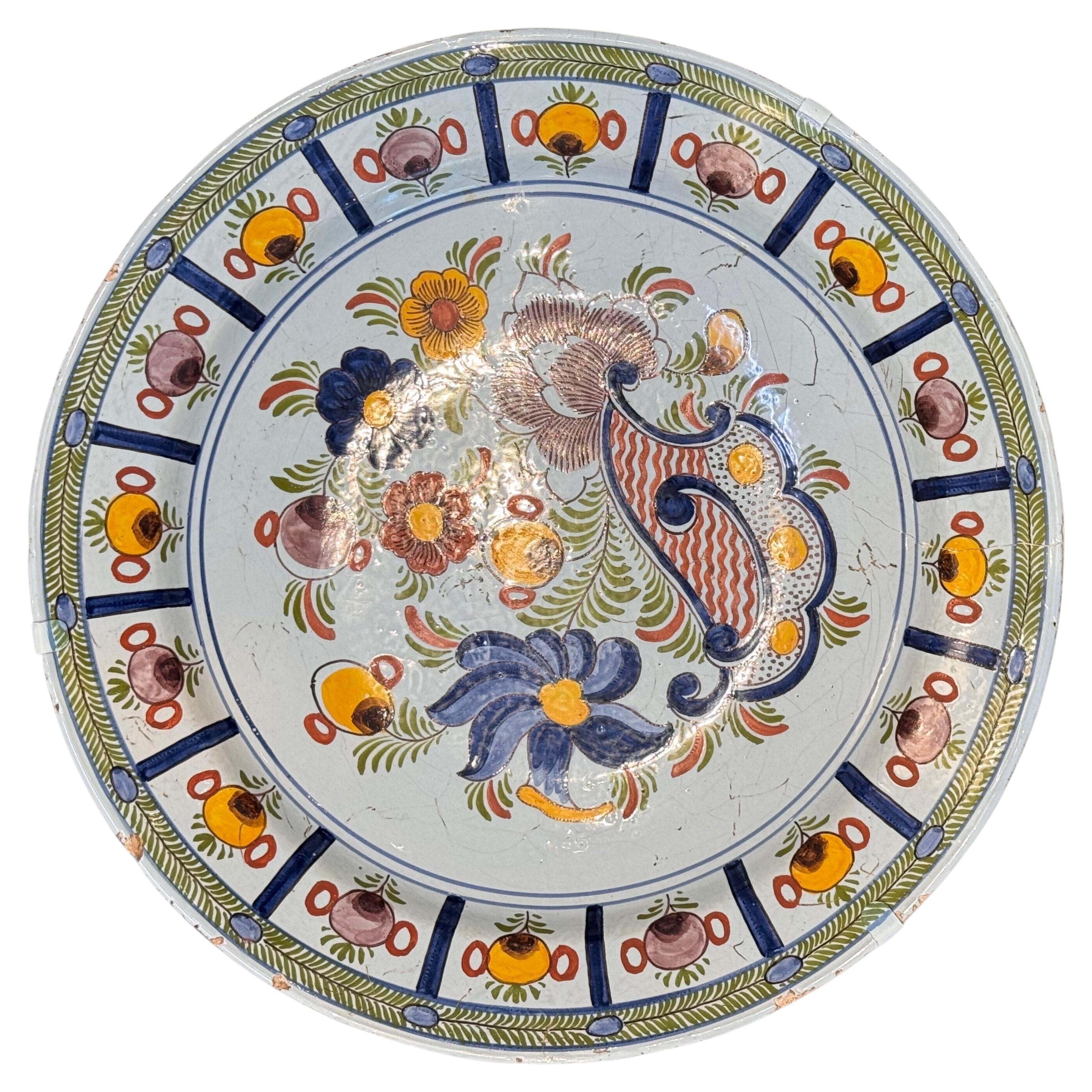18th Century Delft Charger With Floral and Foliate Decoration