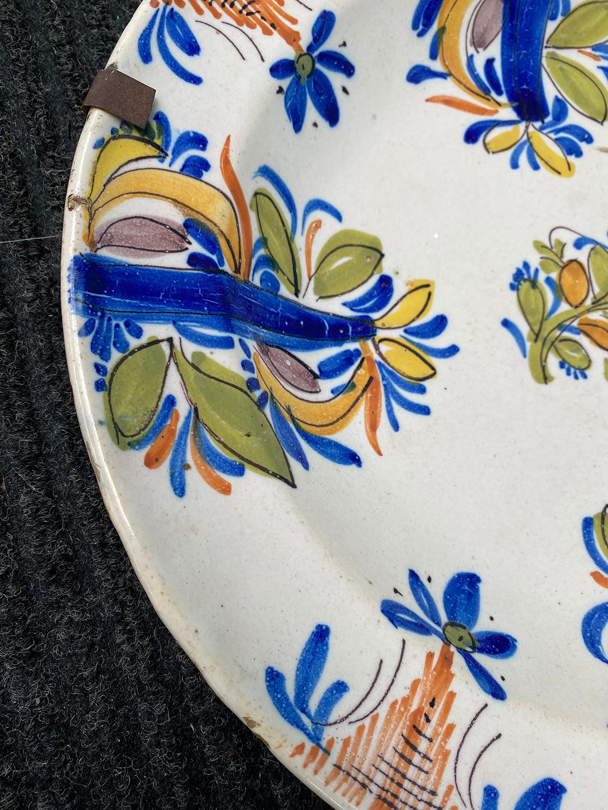 18th Century Delft Faience Polychrome Charger with Plate Hanger, Signed V.M.D. For Sale 3