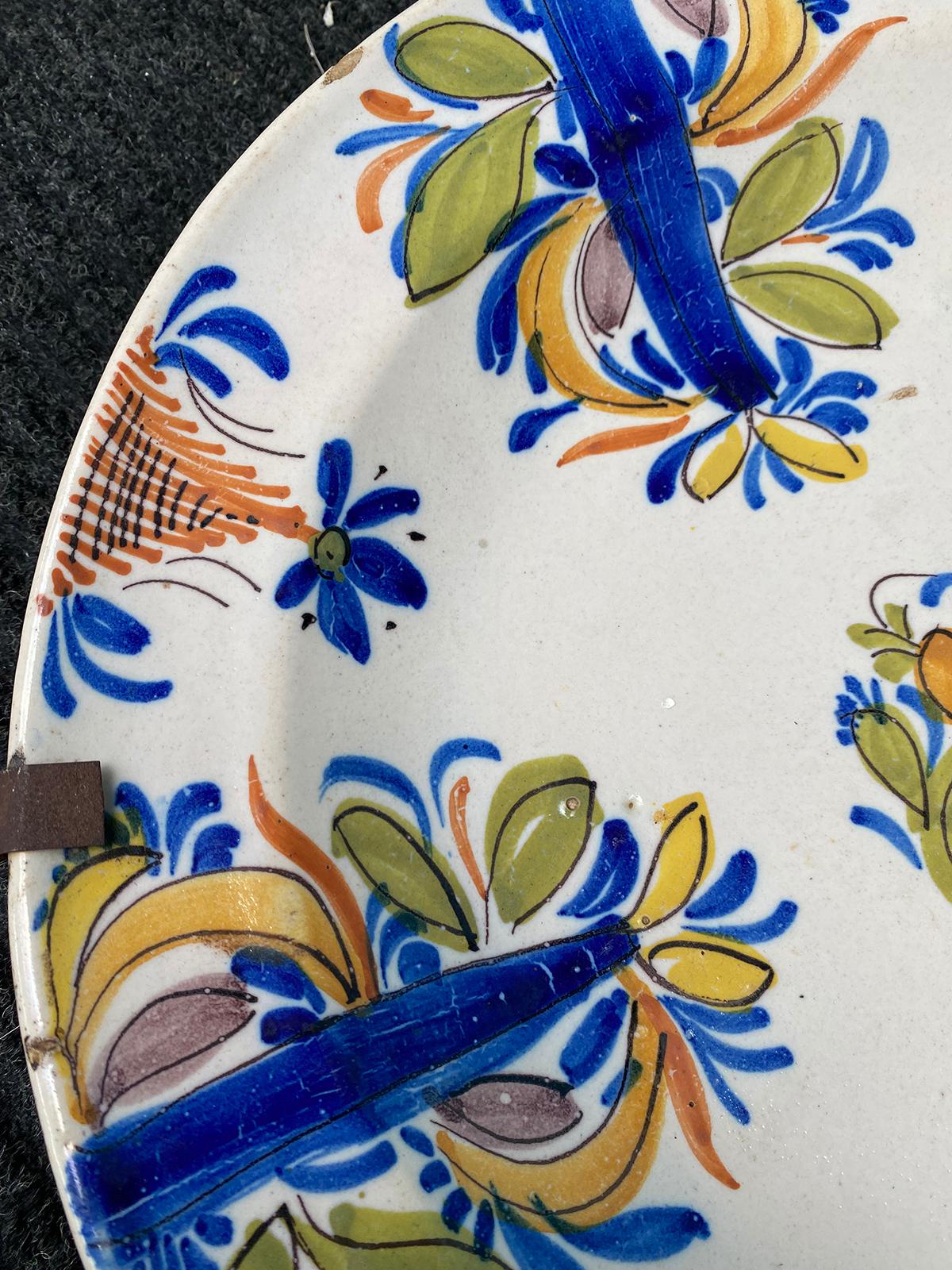 18th Century Delft Faience Polychrome Charger with Plate Hanger, Signed V.M.D. For Sale 4