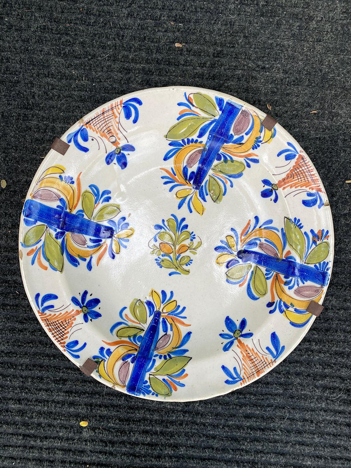 Dutch 18th Century Delft Faience Polychrome Charger with Plate Hanger, Signed V.M.D. For Sale