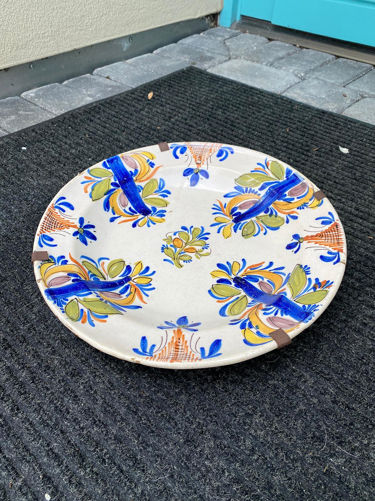 Polychromed 18th Century Delft Faience Polychrome Charger with Plate Hanger, Signed V.M.D. For Sale