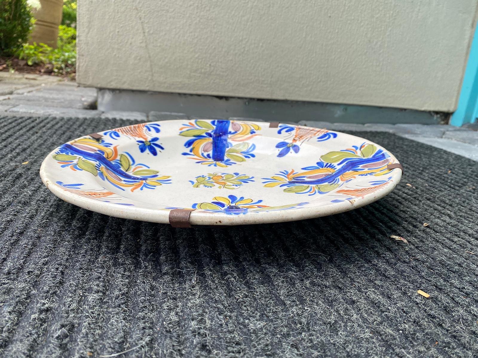 18th Century Delft Faience Polychrome Charger with Plate Hanger, Signed V.M.D. In Good Condition For Sale In Atlanta, GA