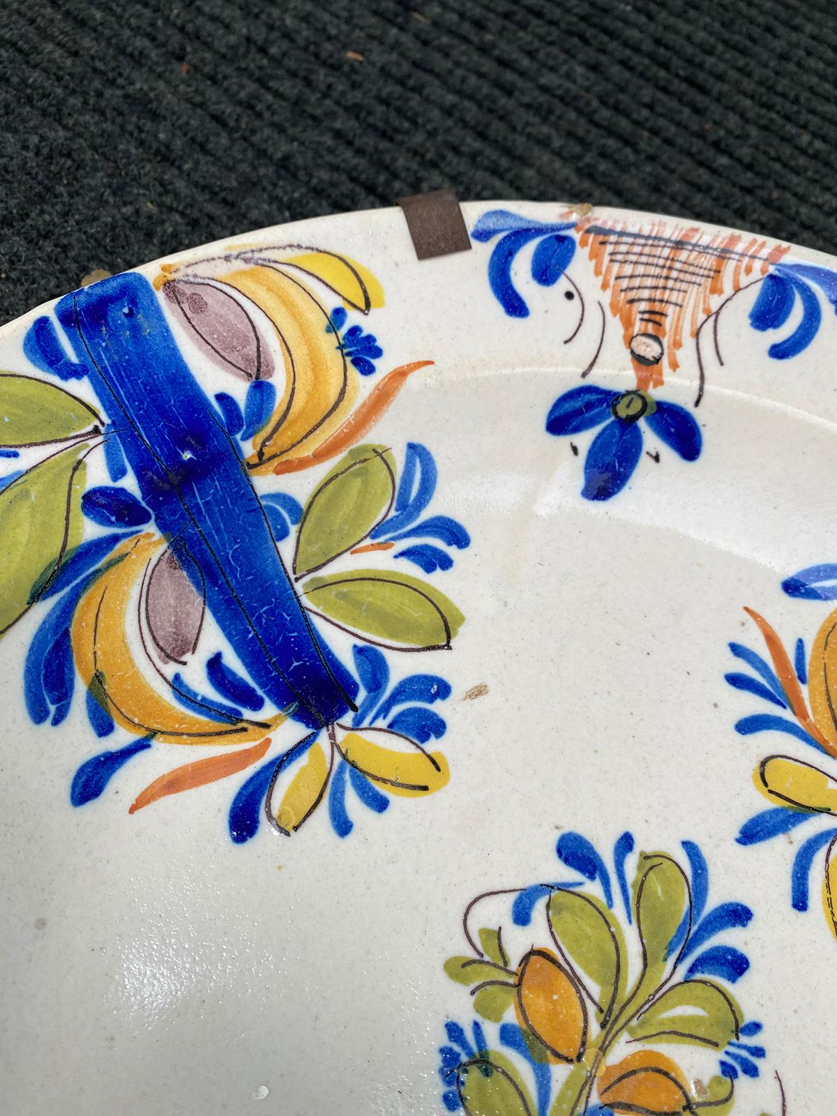 18th Century and Earlier 18th Century Delft Faience Polychrome Charger with Plate Hanger, Signed V.M.D. For Sale