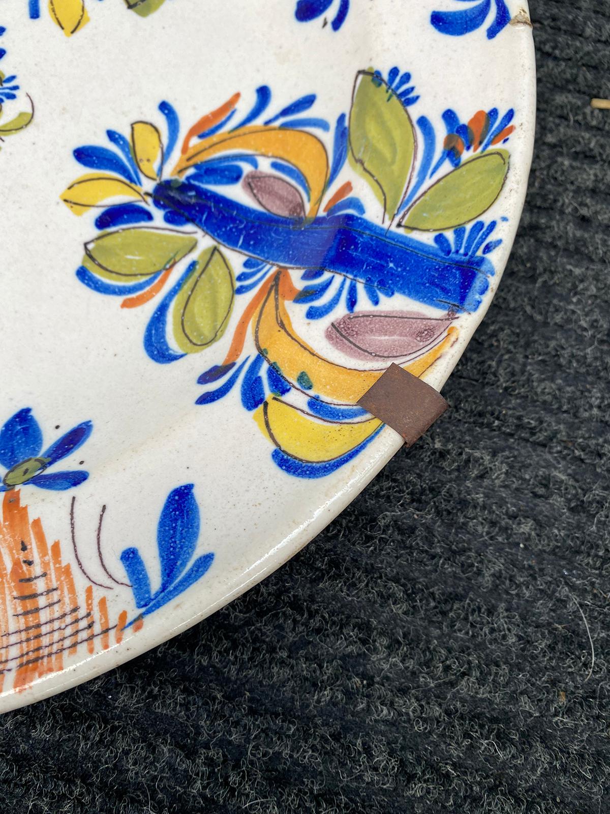 18th Century Delft Faience Polychrome Charger with Plate Hanger, Signed V.M.D. For Sale 2