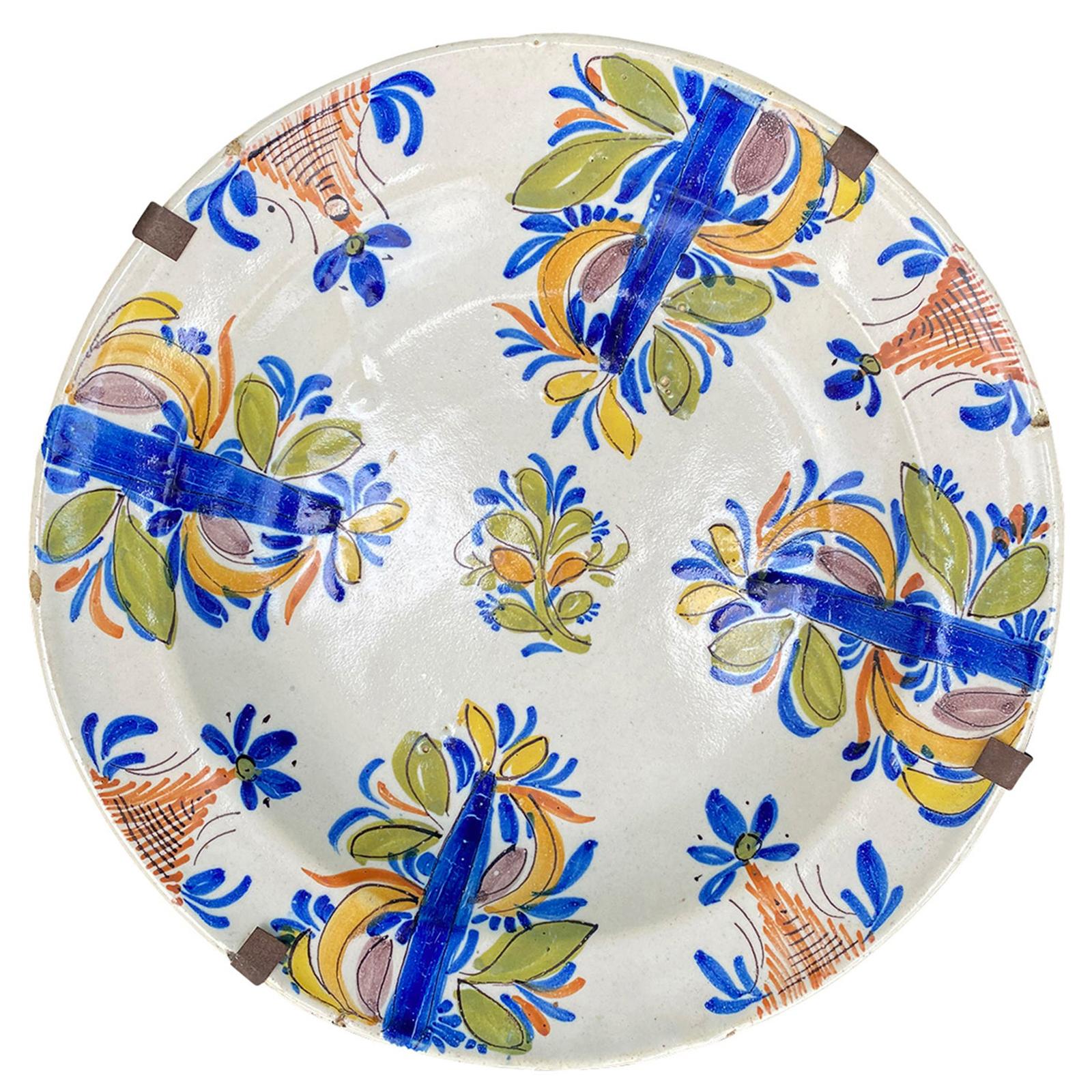 18th Century Delft Faience Polychrome Charger with Plate Hanger, Signed V.M.D. For Sale
