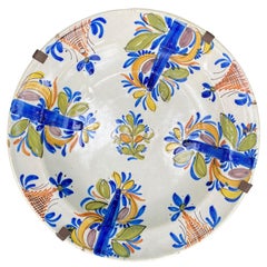 Antique 18th Century Delft Faience Polychrome Charger with Plate Hanger, Signed V.M.D.