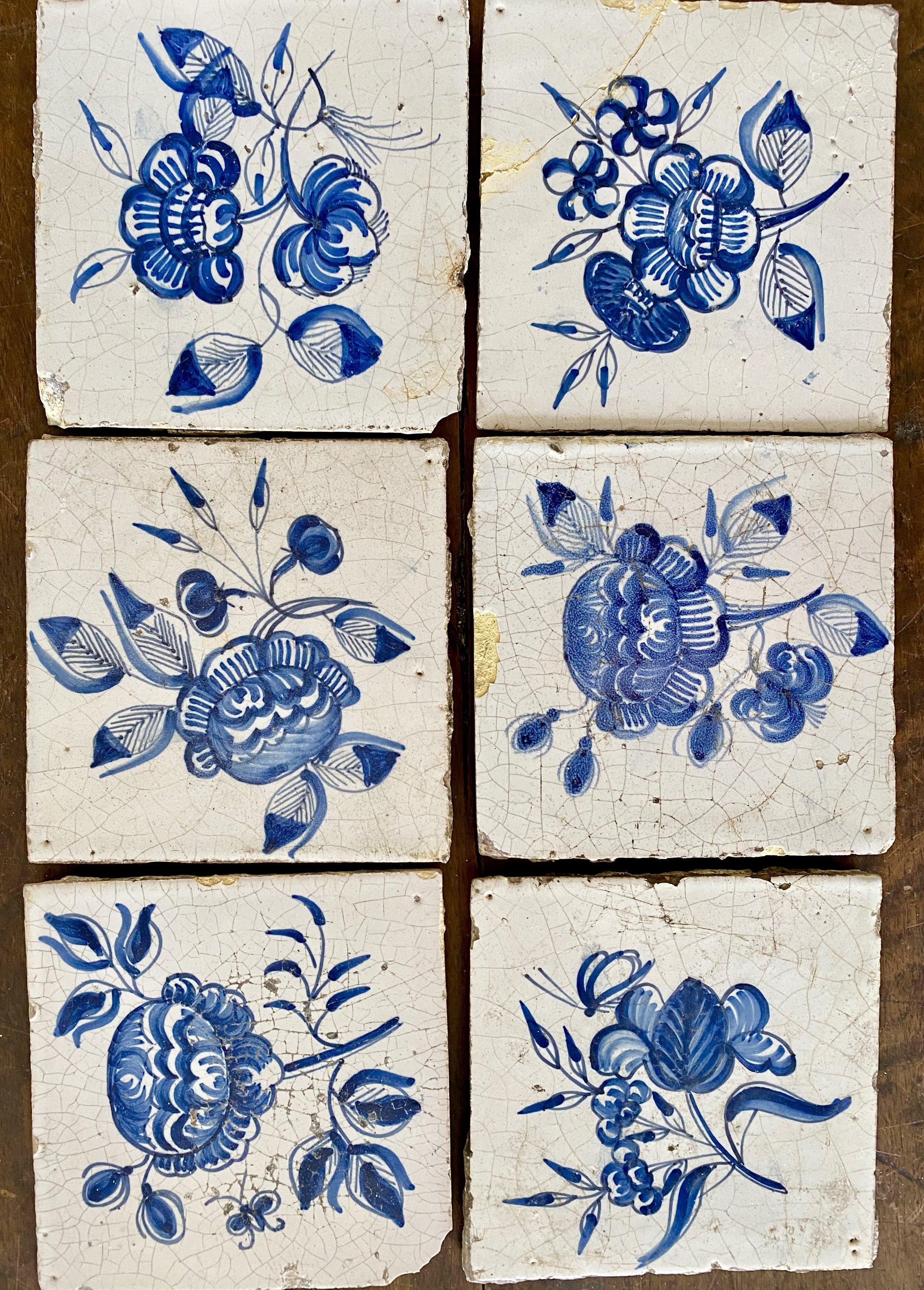 18th Century and Earlier 18th Century Delft Floral Tiles, Set of Seven