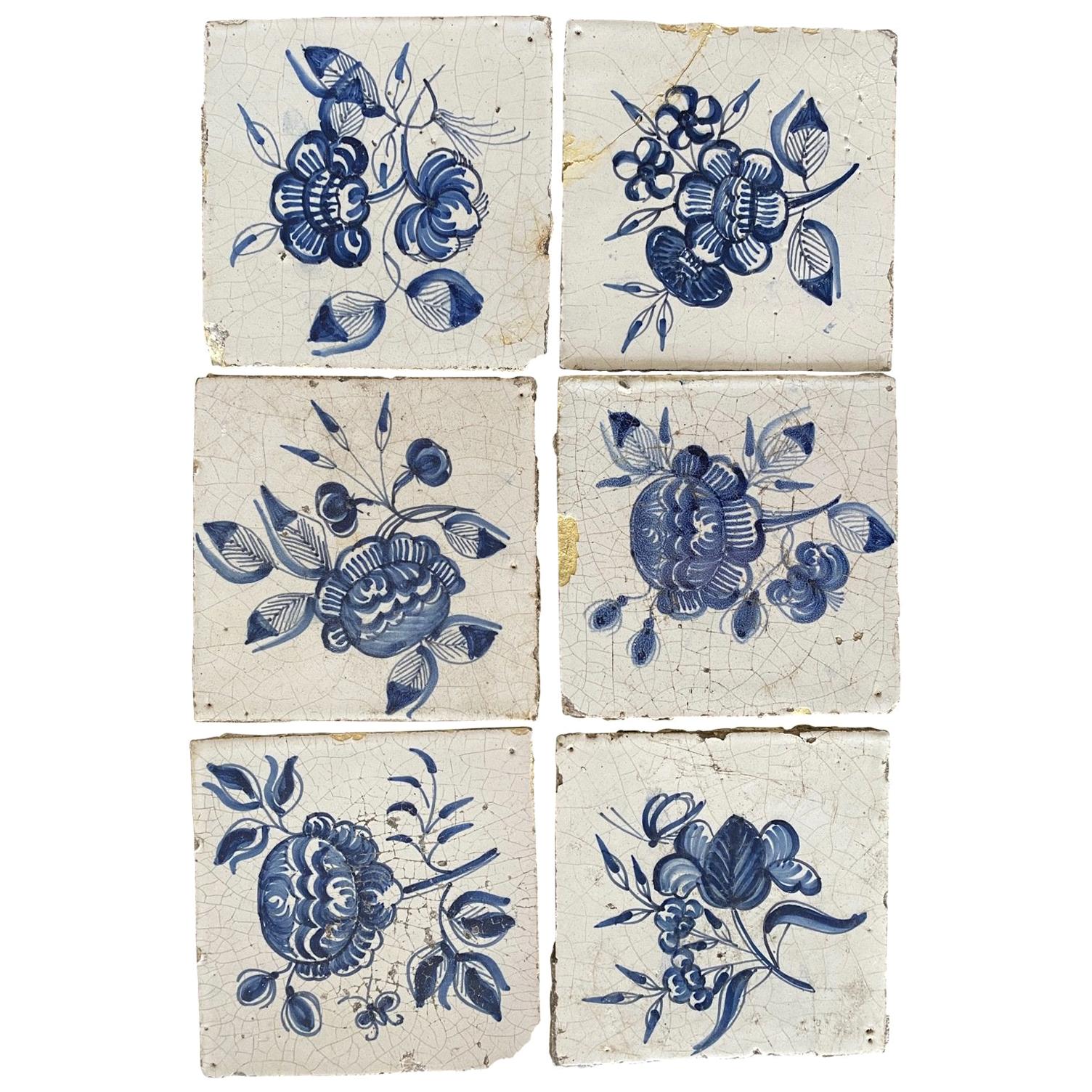18th Century Delft Floral Tiles, Set of Seven