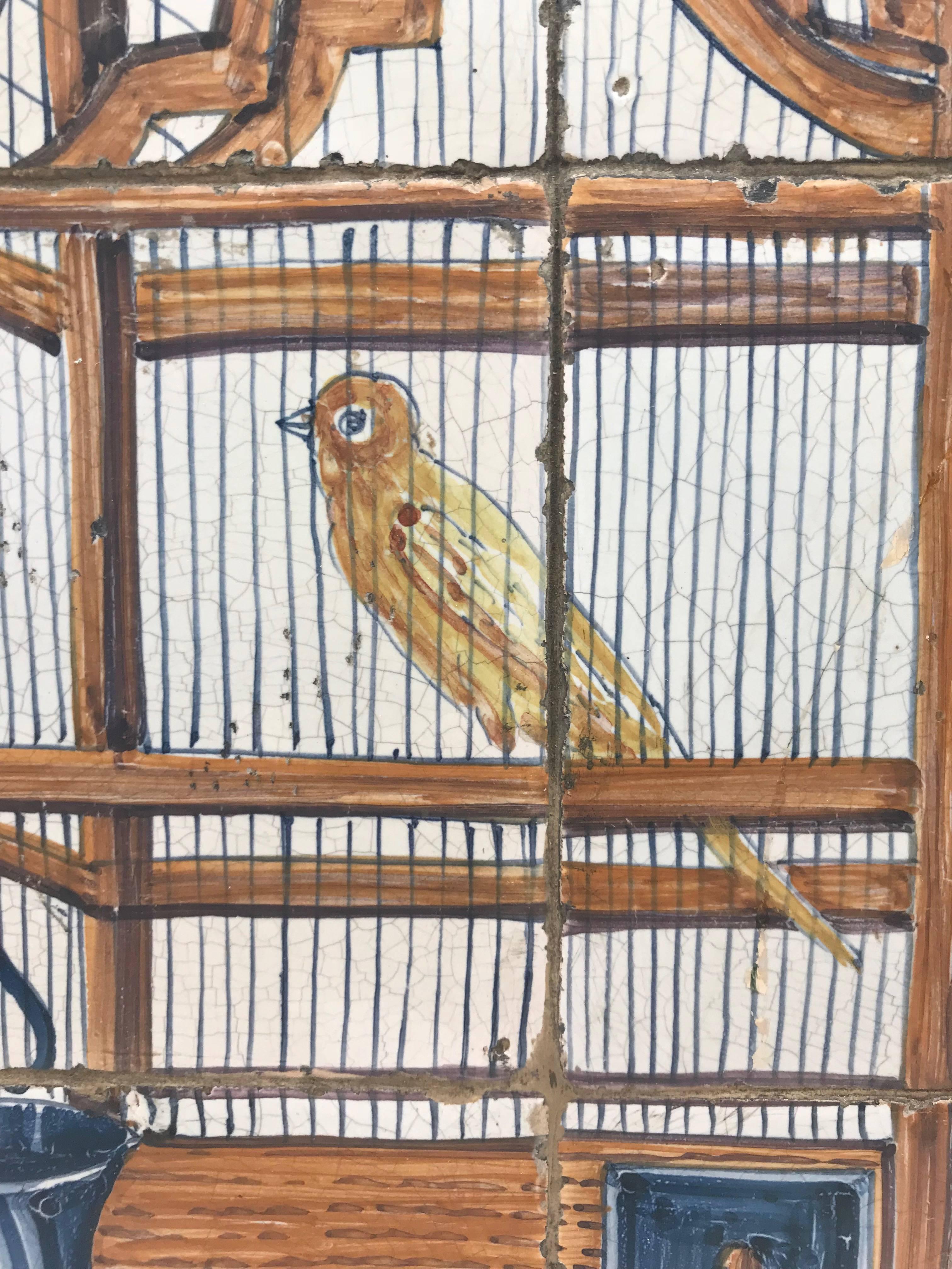 Dutch 18th Century Delft Framed Tile Panel of a Yellow Bird in a Cage