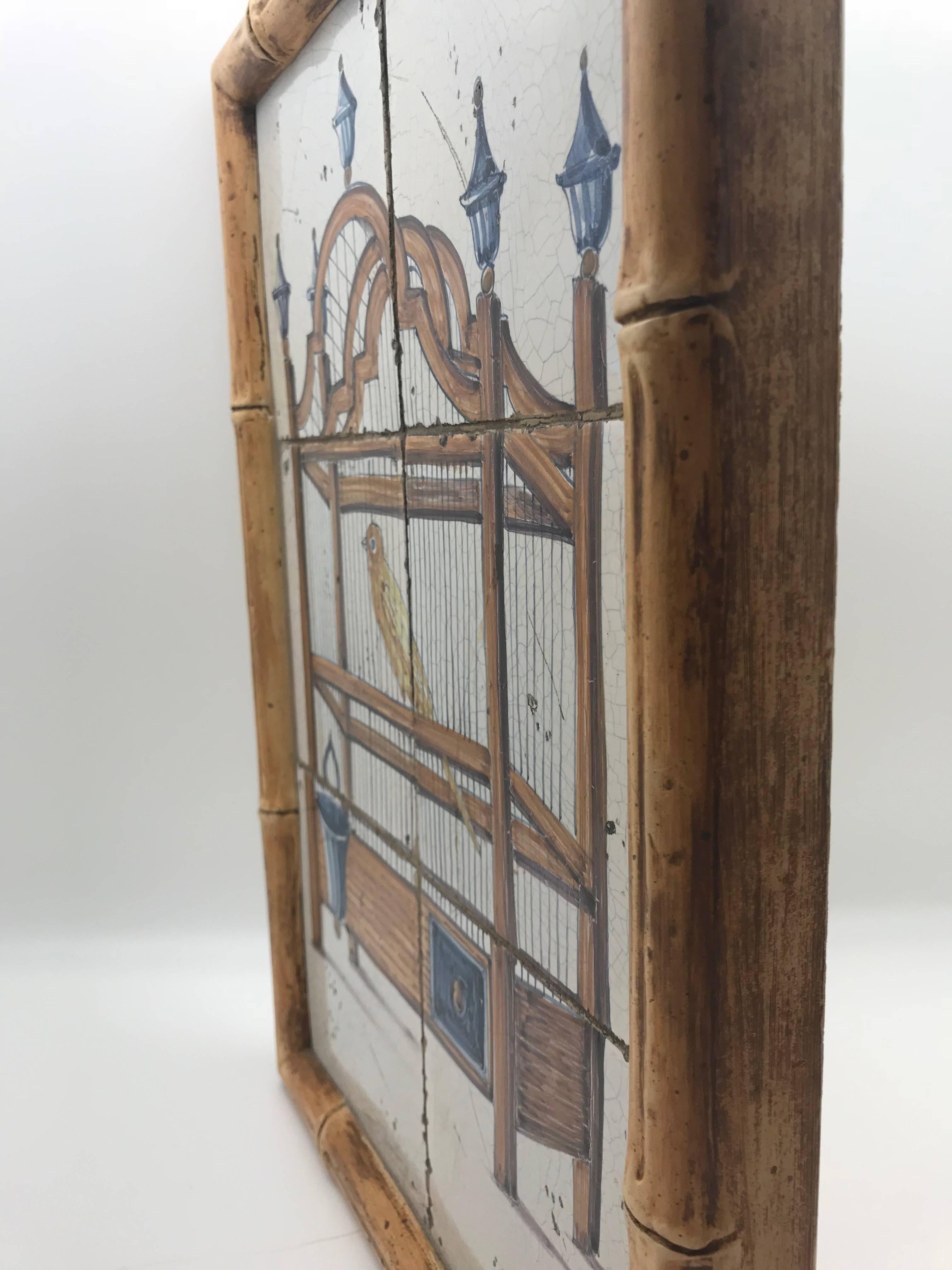 Wood 18th Century Delft Framed Tile Panel of a Yellow Bird in a Cage