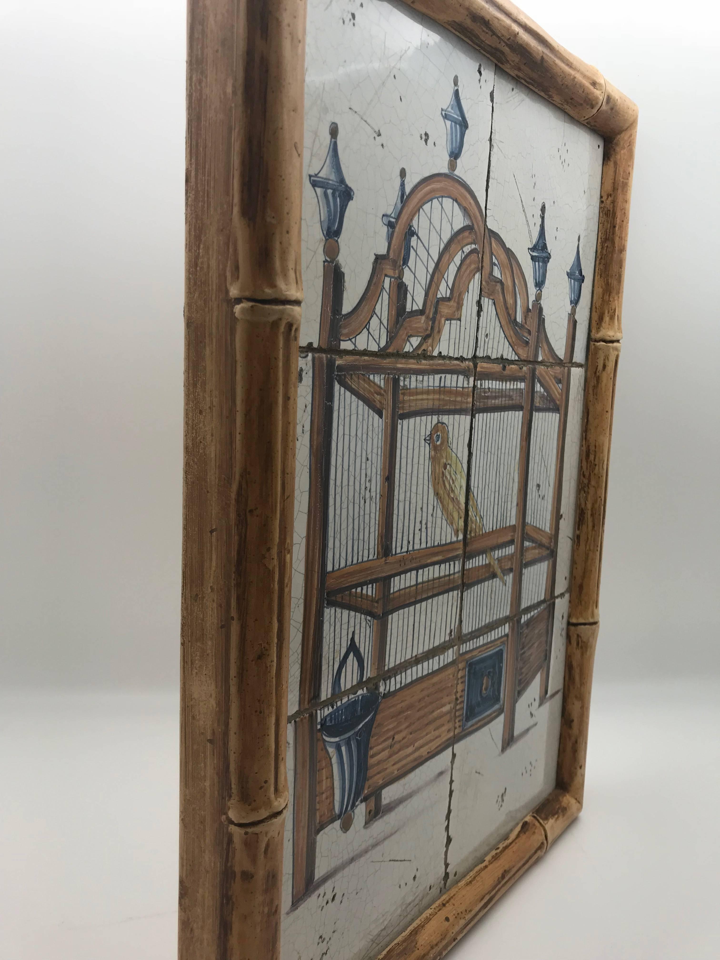 18th Century Delft Framed Tile Panel of a Yellow Bird in a Cage 1