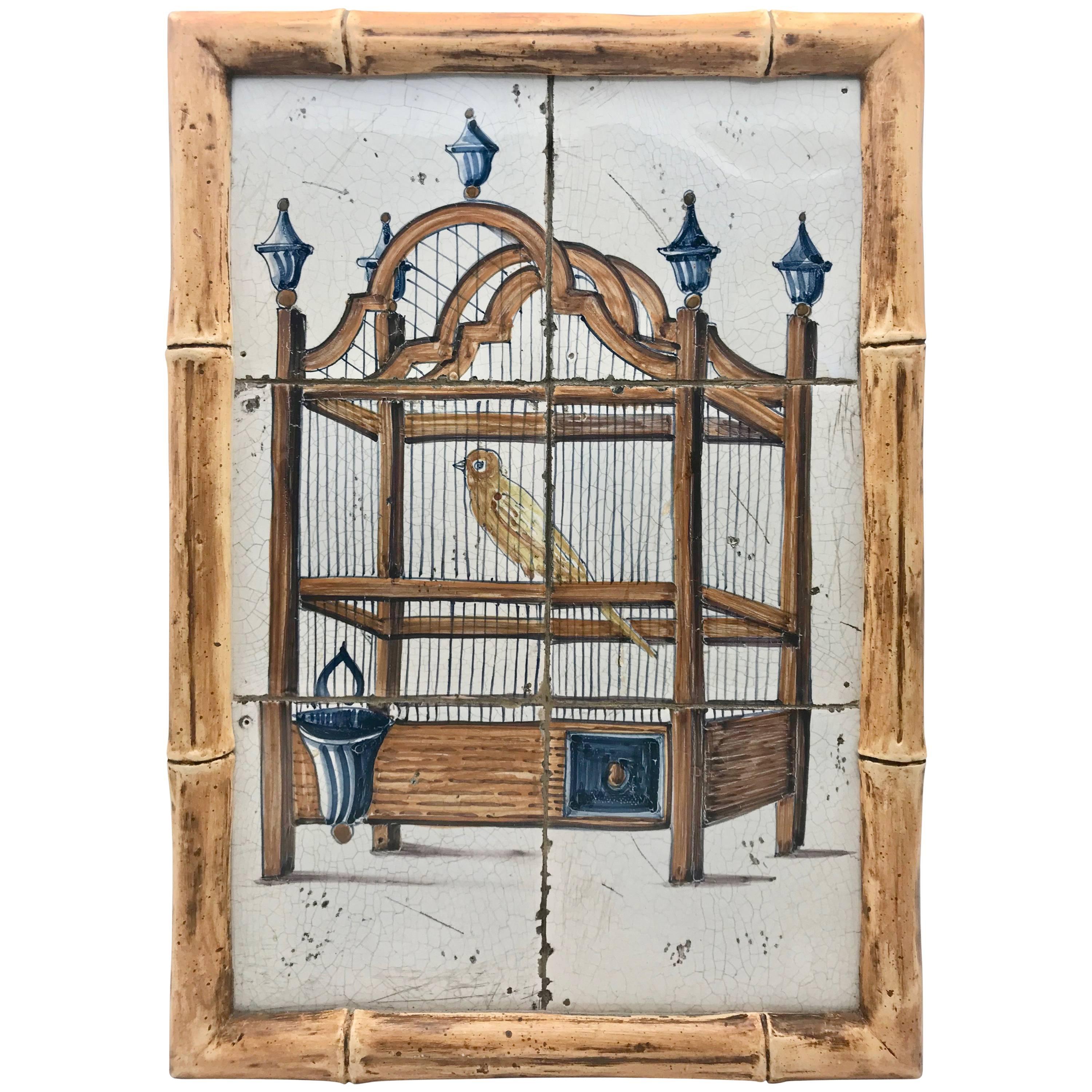 18th Century Delft Framed Tile Panel of a Yellow Bird in a Cage