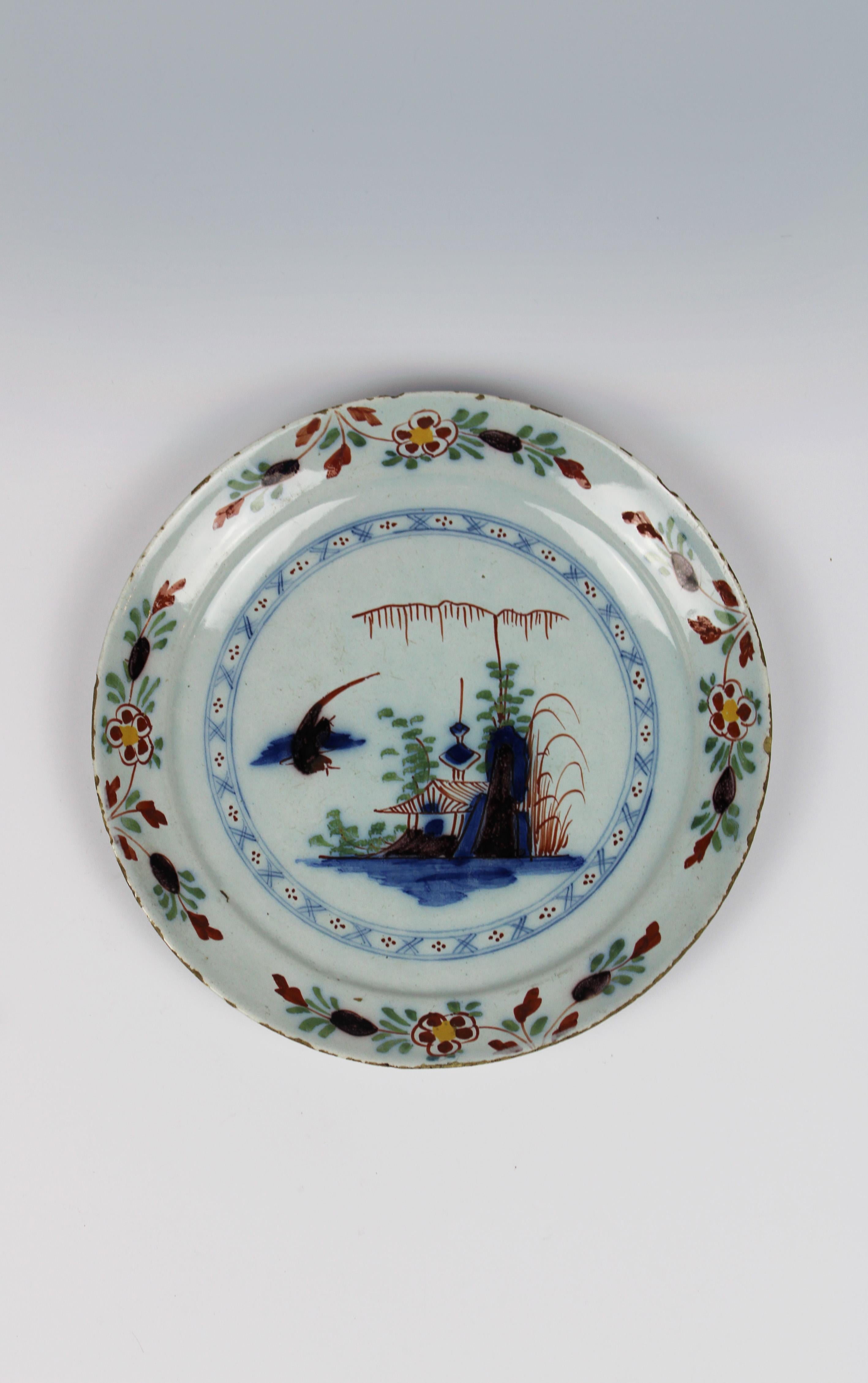 Chinoiserie 18th Century Delft Glazed Pancake Dish Polychrome Earthenware The Netherlands For Sale