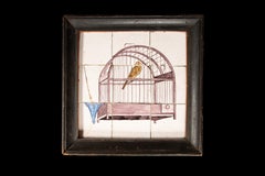 Delfter Tafel aus neun Steingutfliesen des 18. Jahrhunderts mit einem Vogel in einem Vogelkäfig
