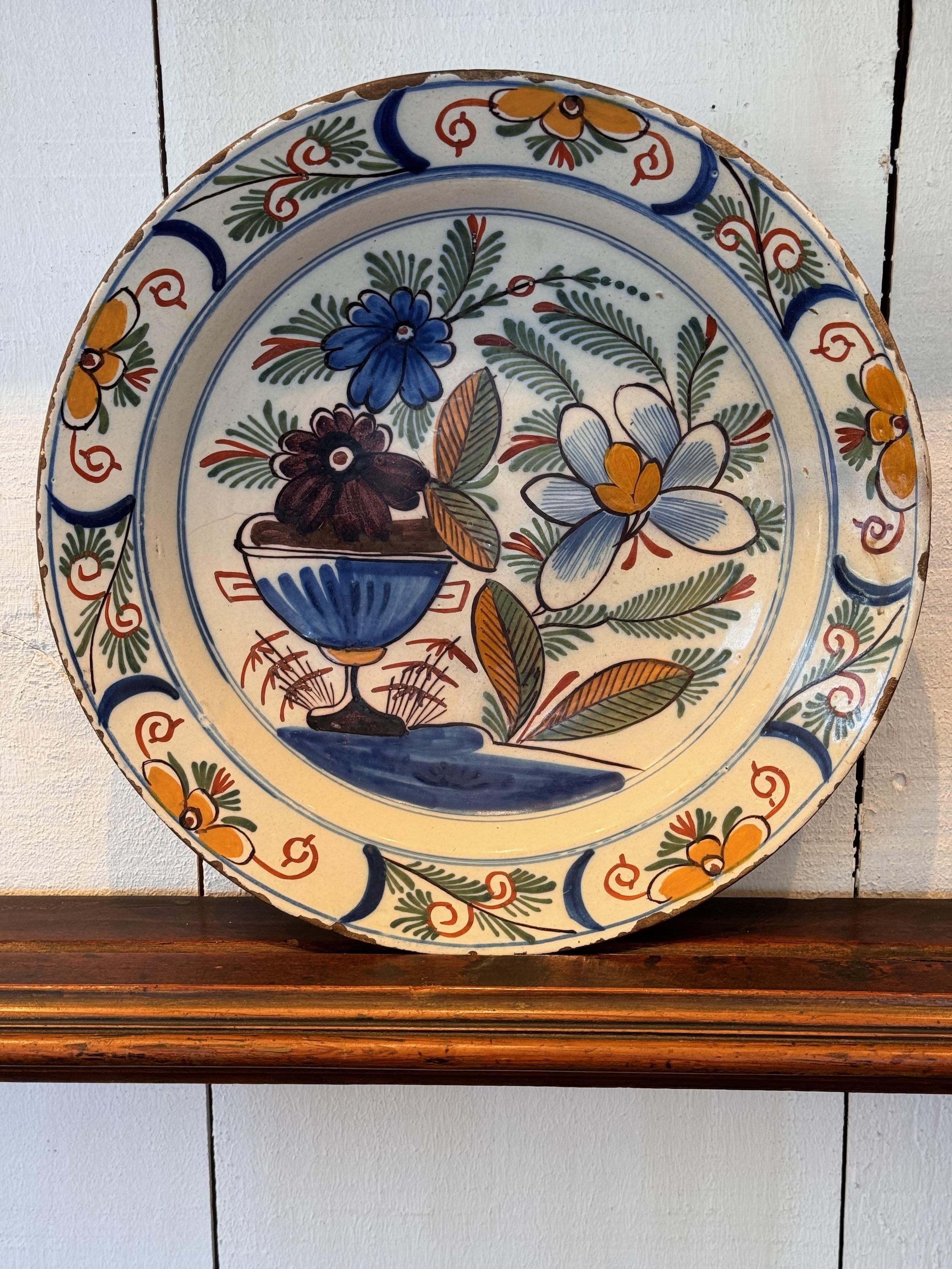 Dutch 18th Century Delft Polychrome Charger For Sale
