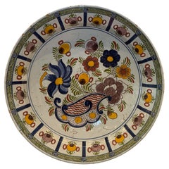 18th Century Delft Polychrome Charger With Floral and Scroll Motif